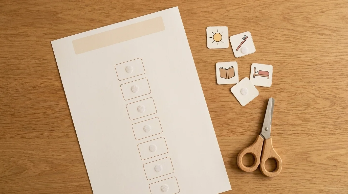 A printable visual schedule template with blank activity boxes, Velcro dots and loose icon cards ready to cut out