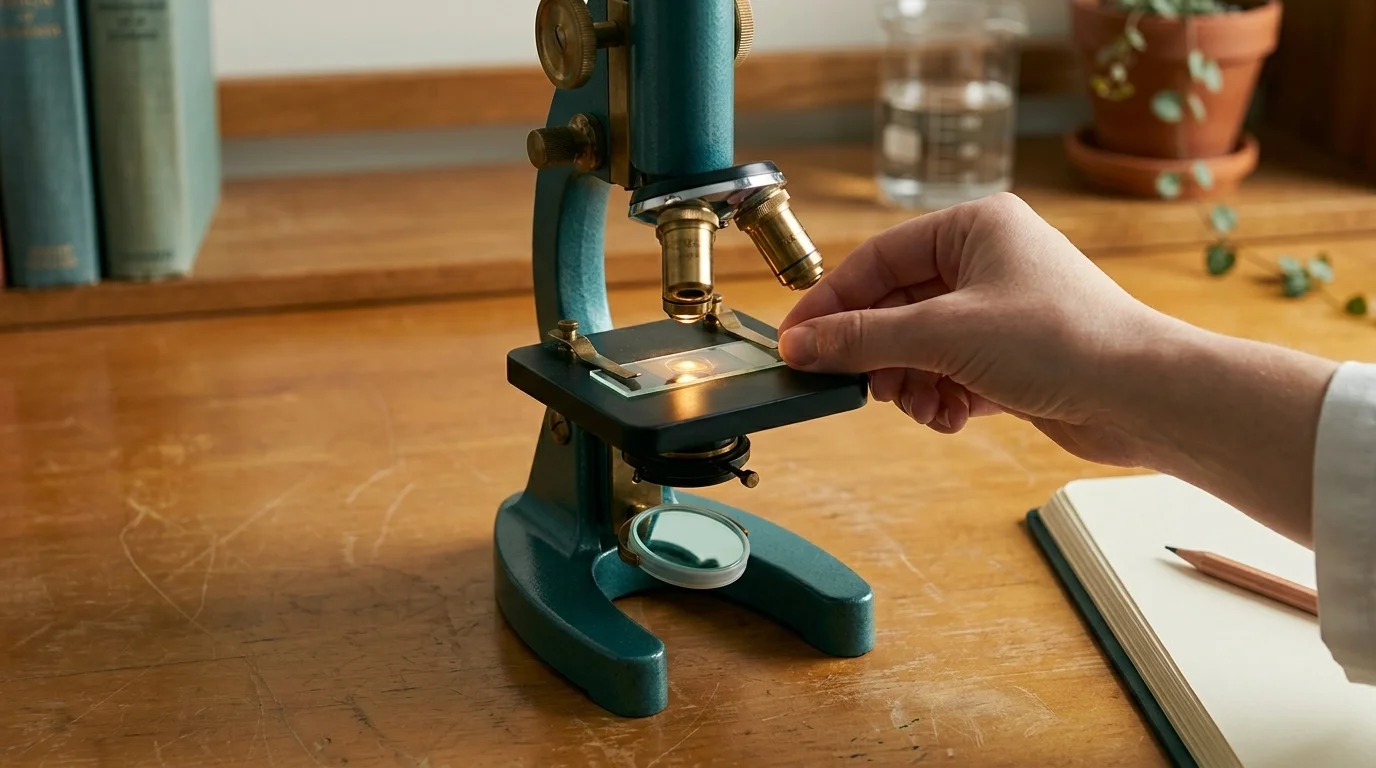 Researcher's hand sliding a glass sample slide onto a vintage compound microscope in warm afternoon lab light