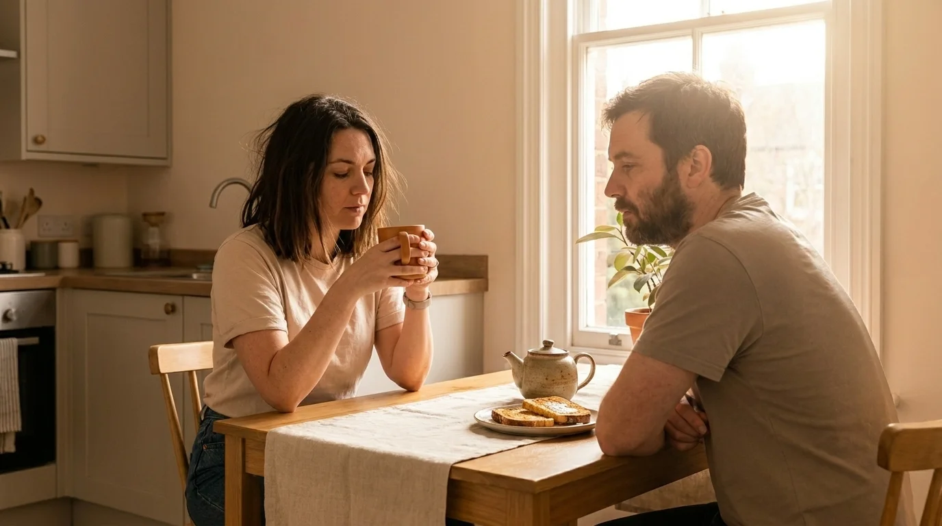 Two parents at a wood kitchen table over tea, woman holding a warm orange mug, man listening in profile by a sunlit window