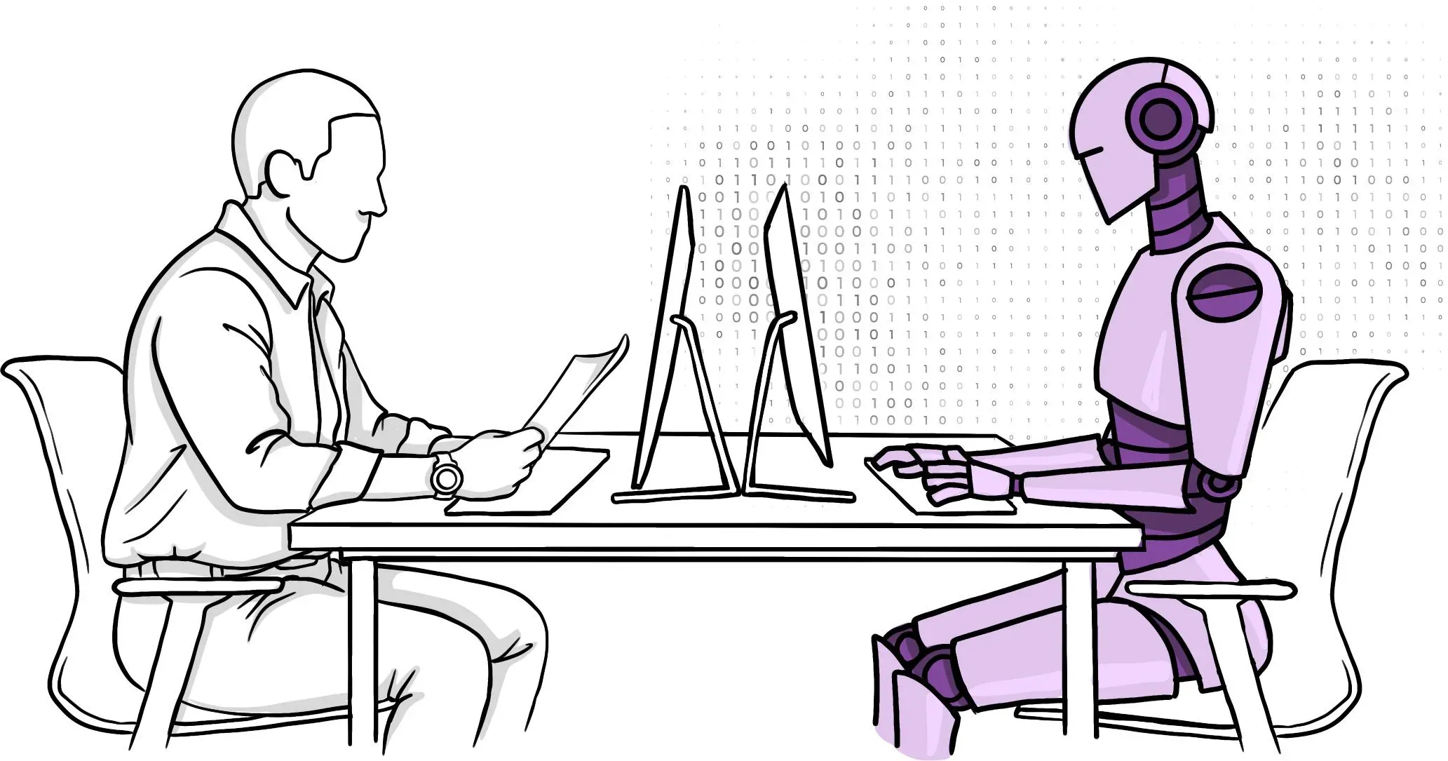 رجل يجلس أمام شاشة كمبيوتر، بجانبه روبوت، يتبادلان المعلومات في سياق تنافس بين البشر والذكاء الاصطناعي في سوق العمل.