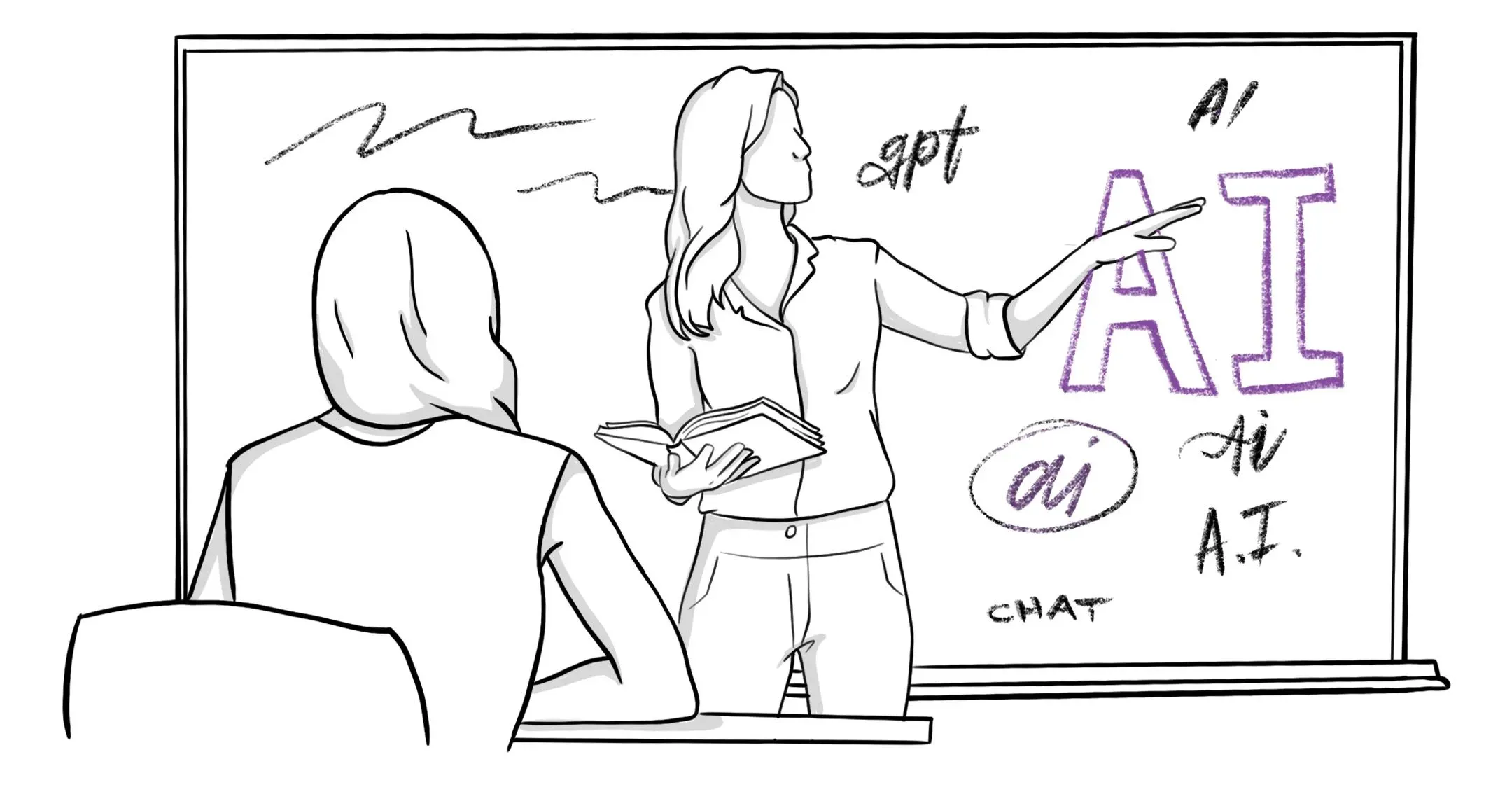 امرأة تشرح مفهوم الذكاء الاصطناعي (AI) على سبورة، بينما يجلس طالب يستمع إليها. تتضمن الكتابات على السبورة مصطلحات مرتبطة بالذكاء الاصطناعي.