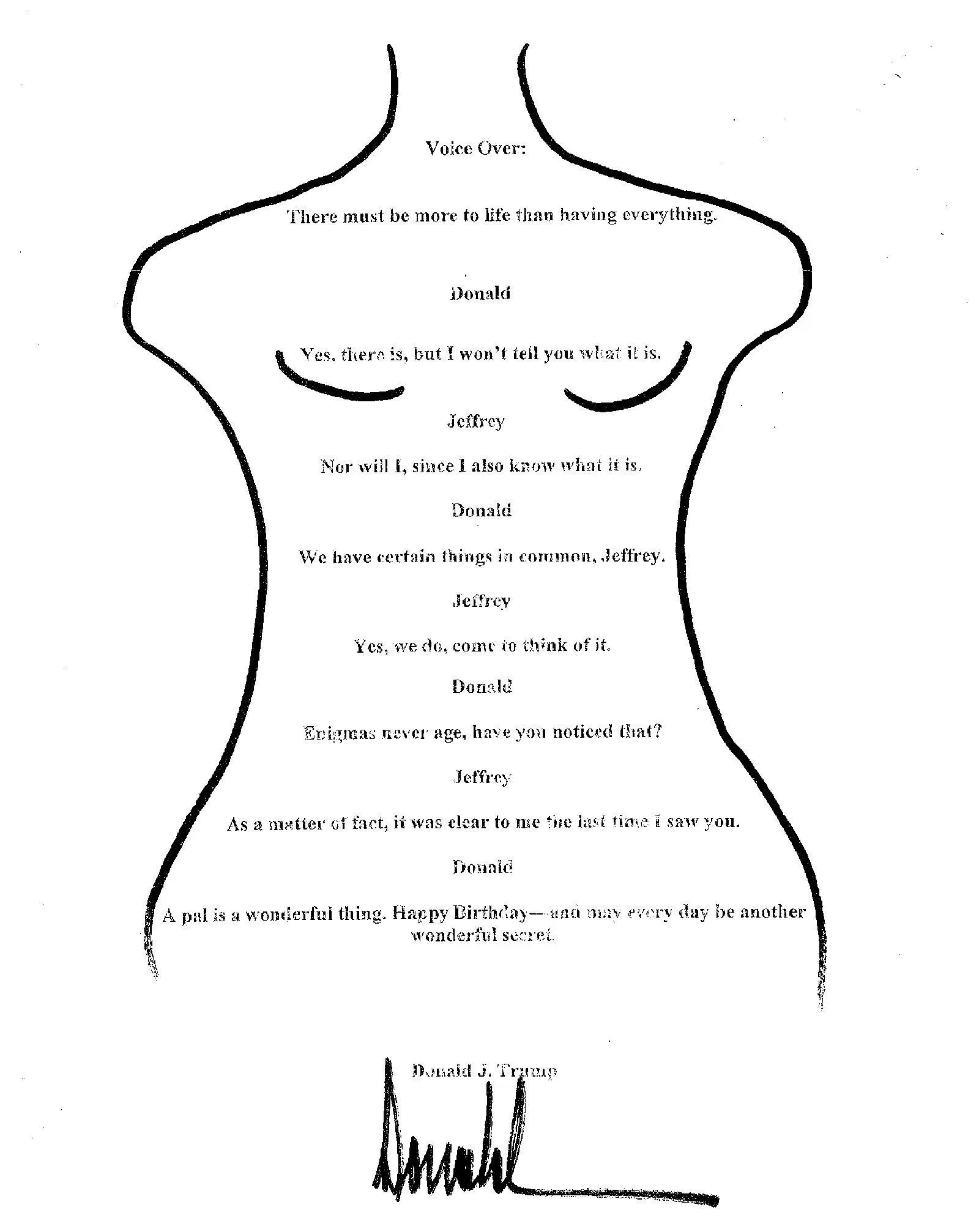 رسالة عيد ميلاد موقعة من دونالد ترامب لجيفري إبشتاين، تتضمن حواراً بينهما وتوقيع ترامب، مما يثير تساؤلات حول علاقتهما.