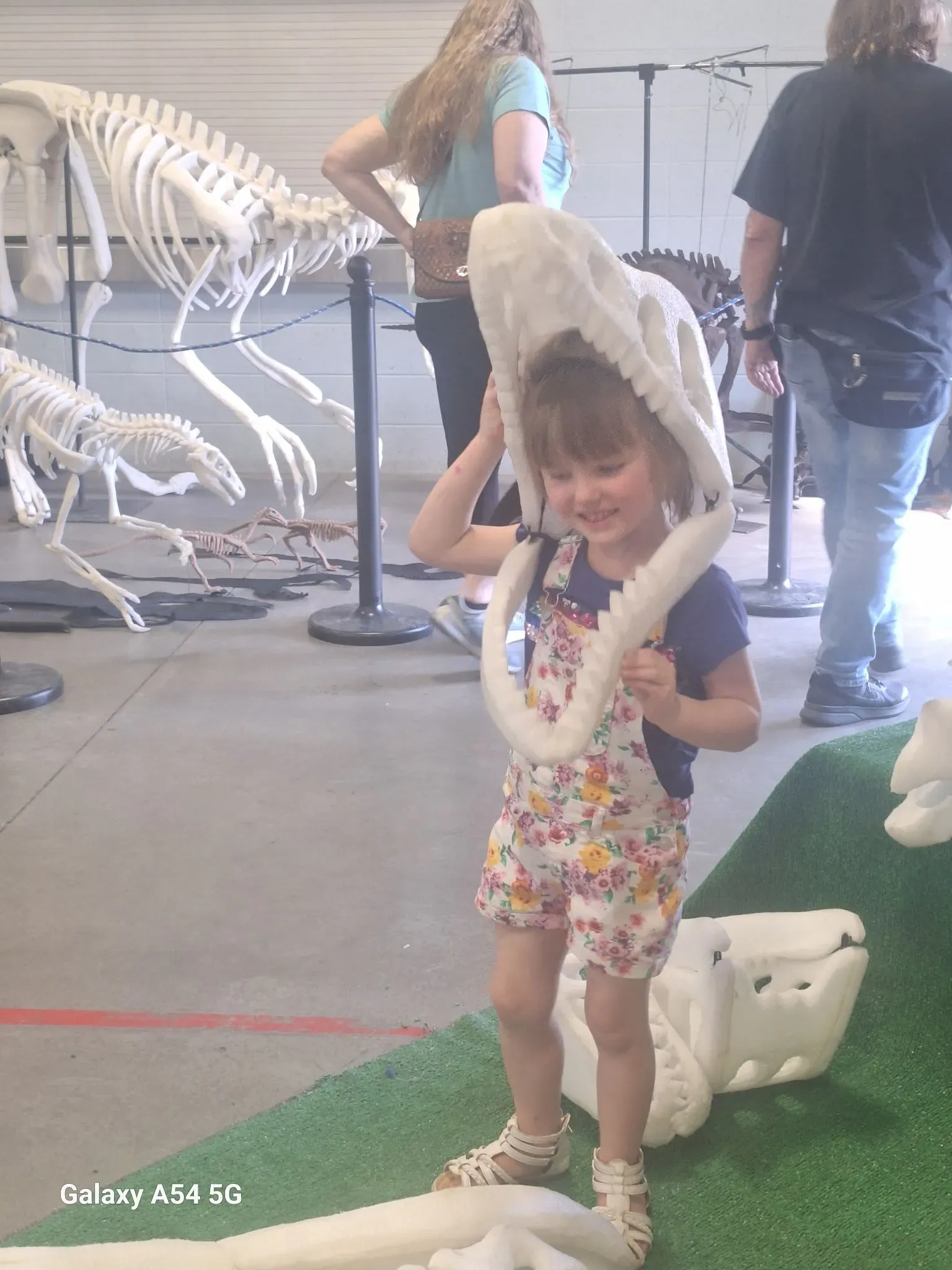 طفلة صغيرة ترتدي ملابس ملونة وتلعب مع هيكل عظمي لديناصور، مبتسمة وتضع رأس الديناصور على رأسها، في معرض تعليمي.