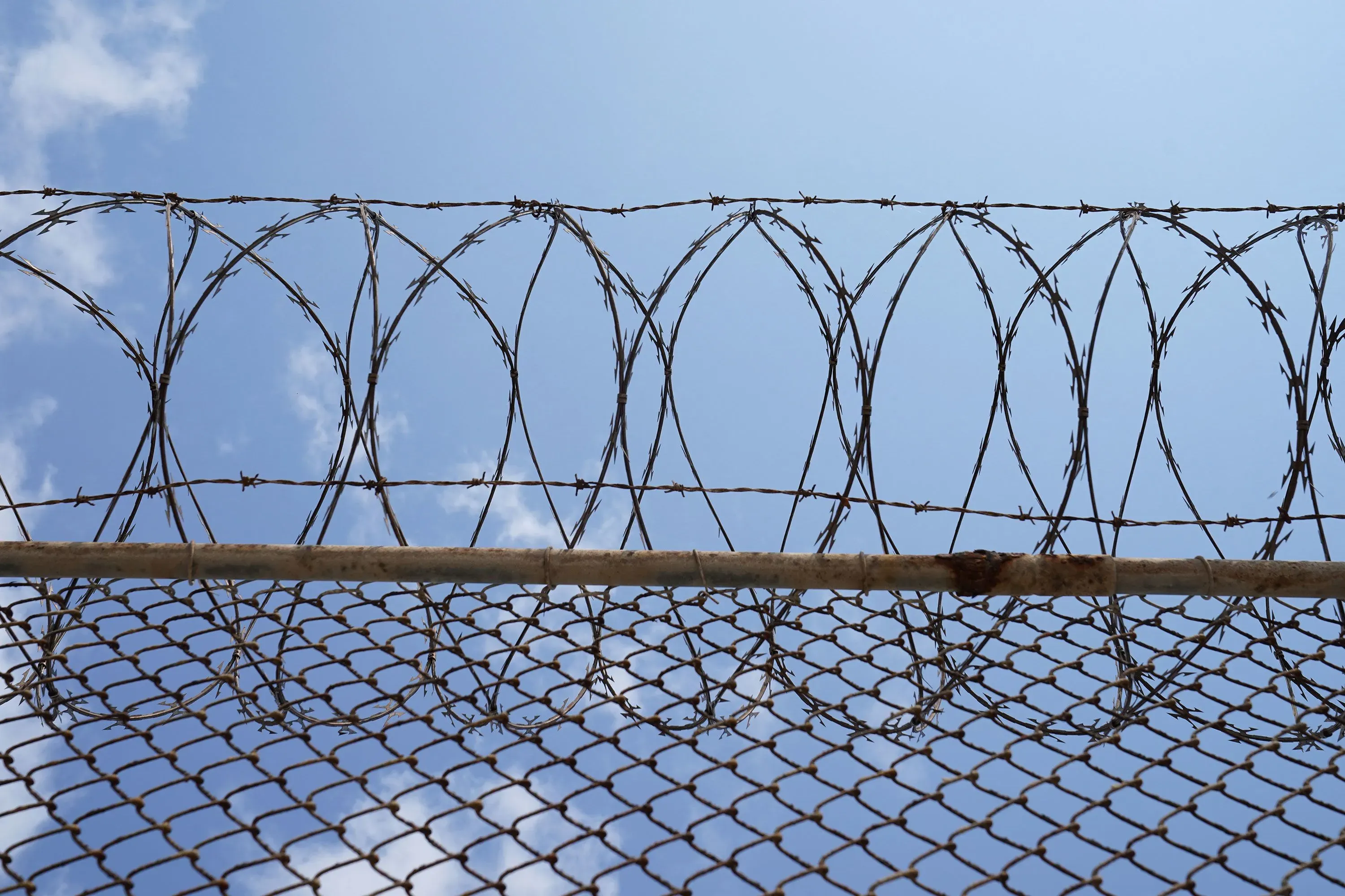 سياج شائك فوق شبكة معدنية، يرمز إلى مراكز احتجاز المهاجرين والصعوبات التي يواجهها المحتجزون، في سياق حملة إدارة ترامب ضد الهجرة.