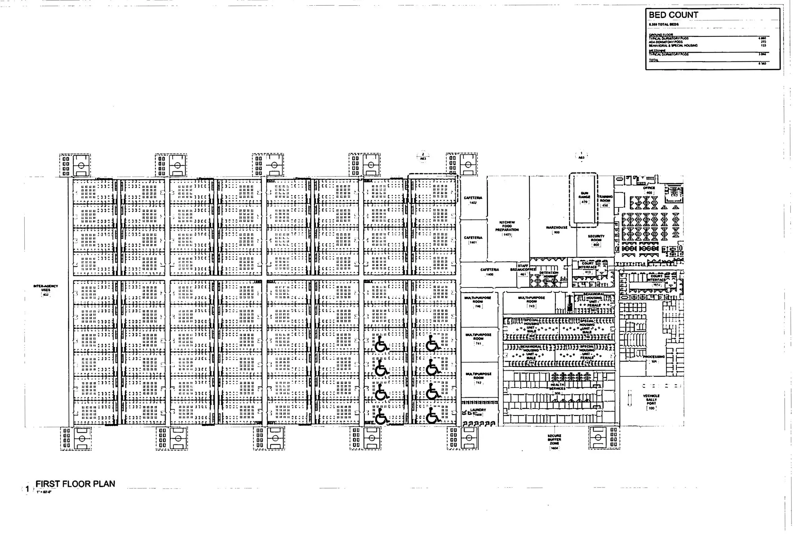 خطة الطابق الأول لمركز احتجاز المهاجرين، توضح توزيع الأسرّة والمرافق، مما يعكس زيادة عدد المحتجزين في ظل إدارة ترامب.
