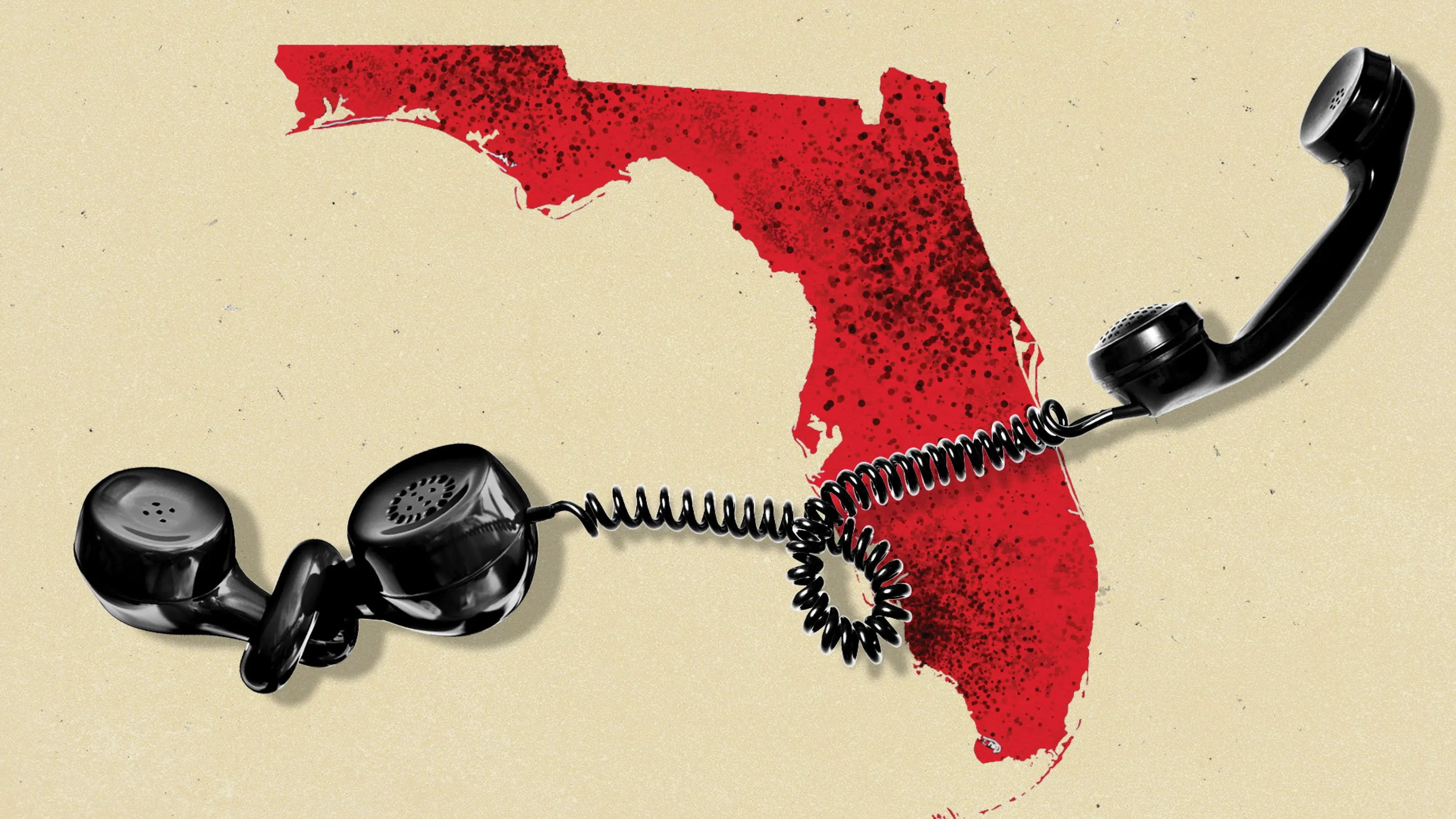 خريطة ولاية فلوريدا باللون الأحمر مع سماعات هاتف متشابكة، تعكس حالة تفشي الحصبة والتواصل الضعيف مع الجمهور حول المخاطر الصحية.