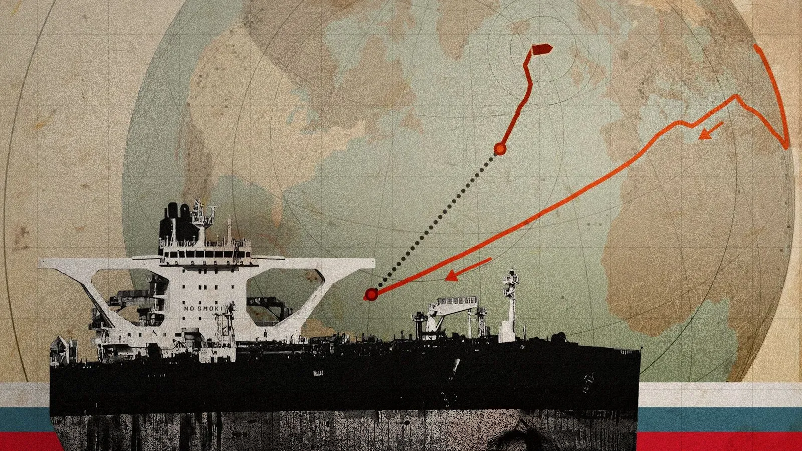 ناقلة نفط كبيرة تحمل علمًا روسيًا، مع مسارها المرسوم على خريطة، تشير إلى محاولات التهرب من العقوبات الأمريكية.