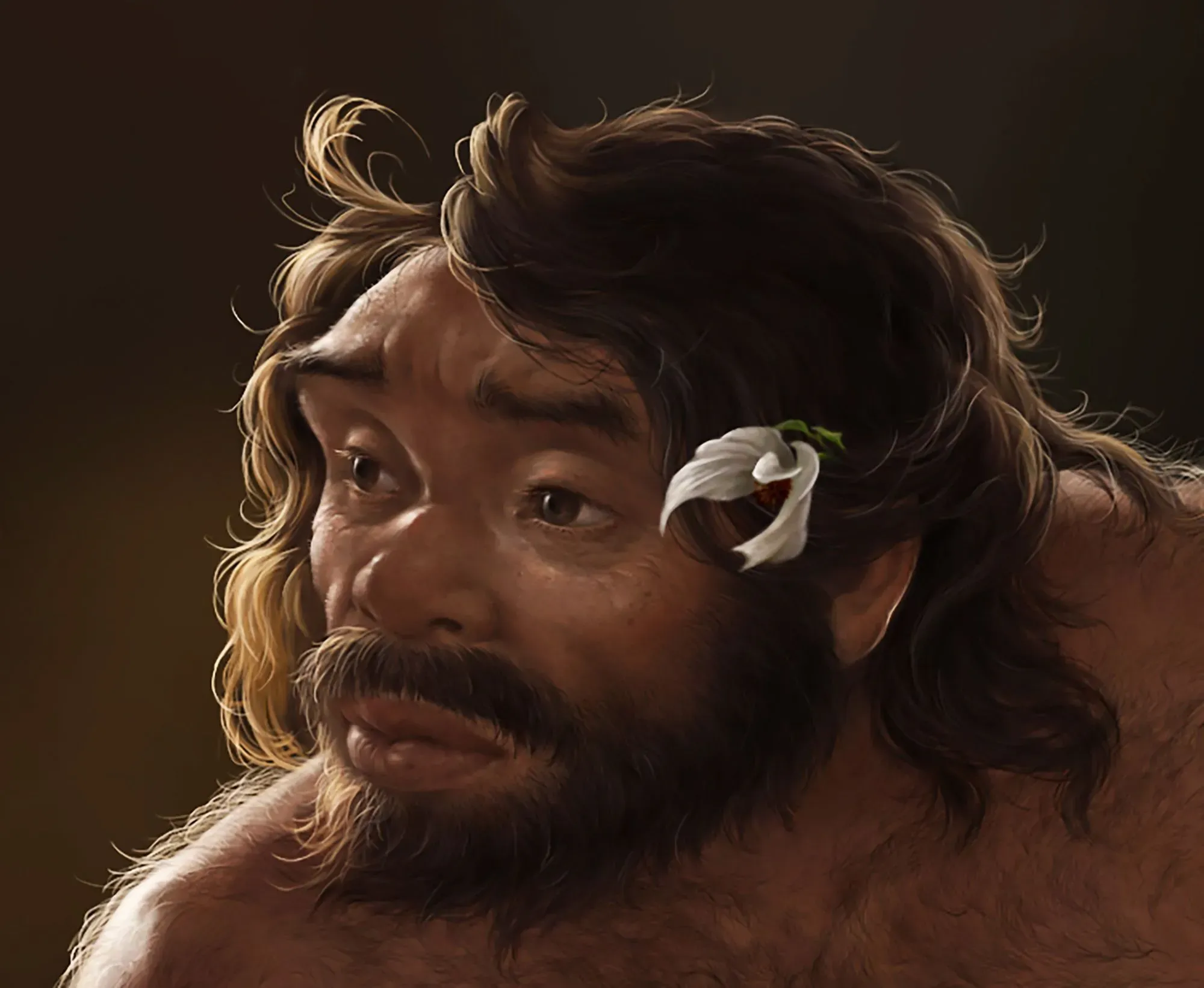 إعادة بناء رقمية لإنسان التنين، يظهر ملامح إنسان دينيسوفان، مع تفاصيل شعرية وزهرة في شعره، تعكس تطور الإنسان.