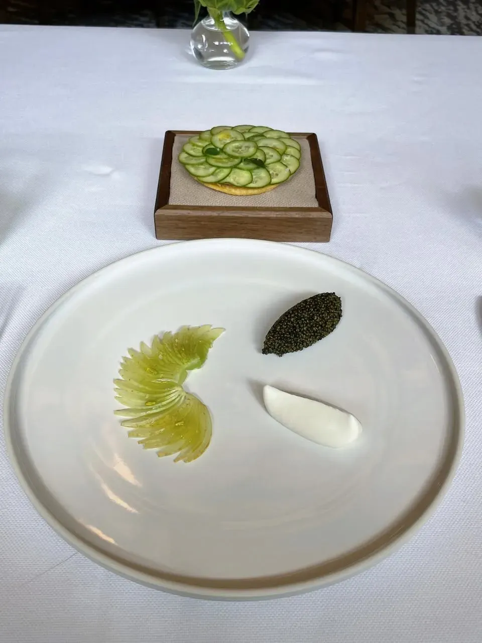 طبق يقدم مكونات فاخرة، يتضمن شرائح خيار مزينة، كافيار، وكريمة، مع خلفية بيضاء نظيفة، يعكس تجربة طعام راقية.