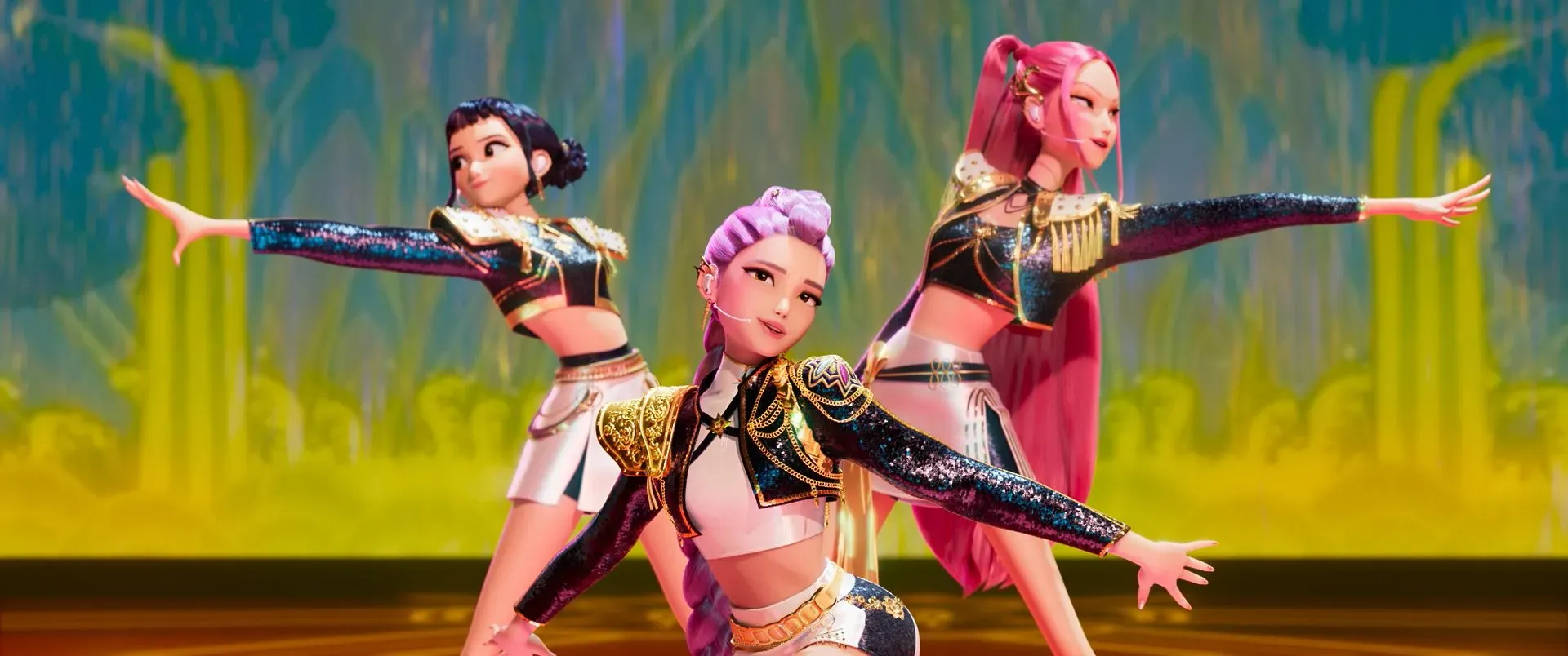 ثلاثة شخصيات كرتونية تؤدي رقصة متزامنة، يرتدين أزياء براقة مع خلفية ملونة، تعكس أجواء حفل توزيع جوائز الأوسكار.