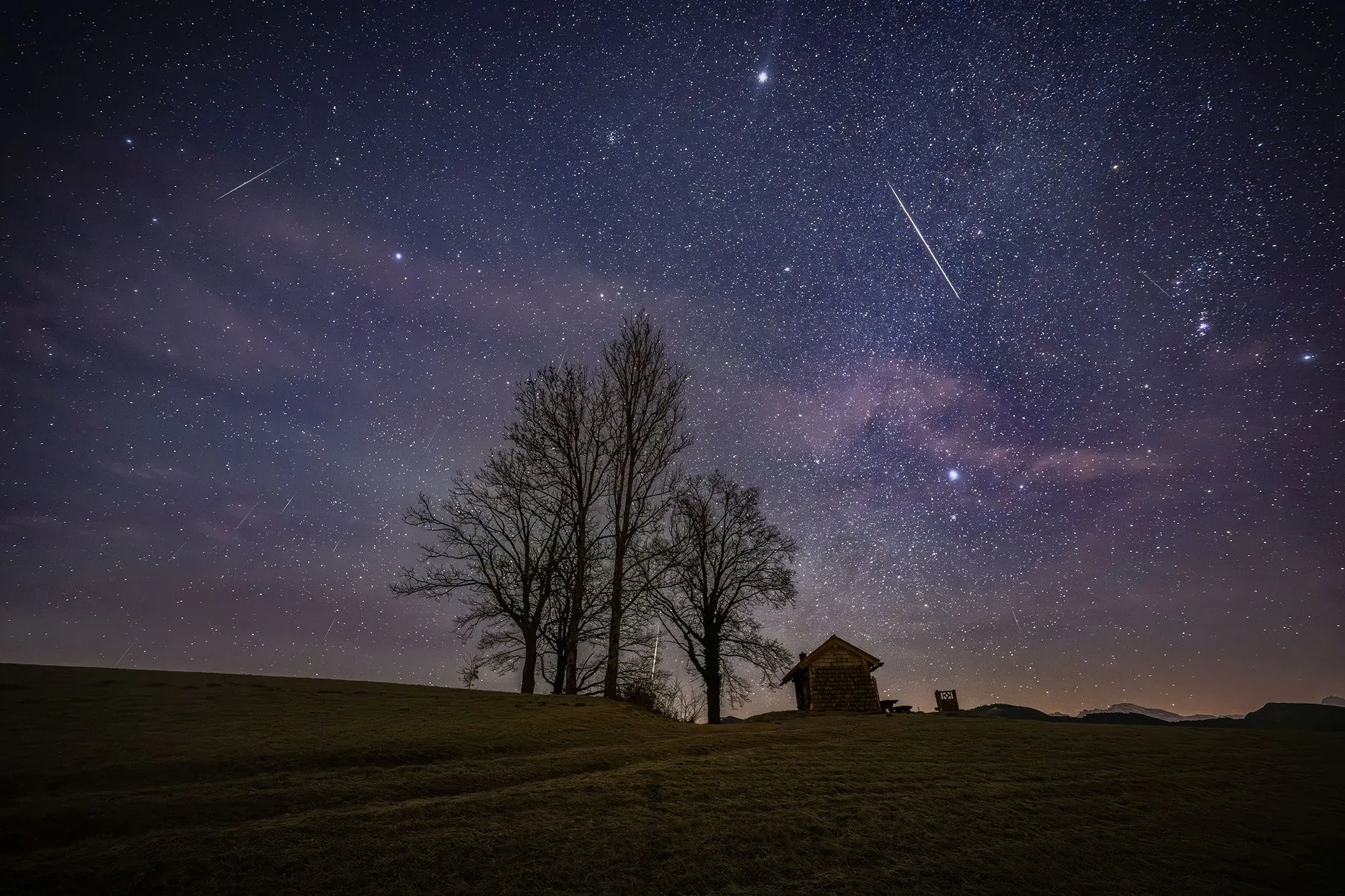 سماء مرصعة بالنجوم مع شهب تتساقط، وأشجار عارية ومنزل صغير في المقدمة، تعكس جمال ظواهر الفلك في عام 2026.