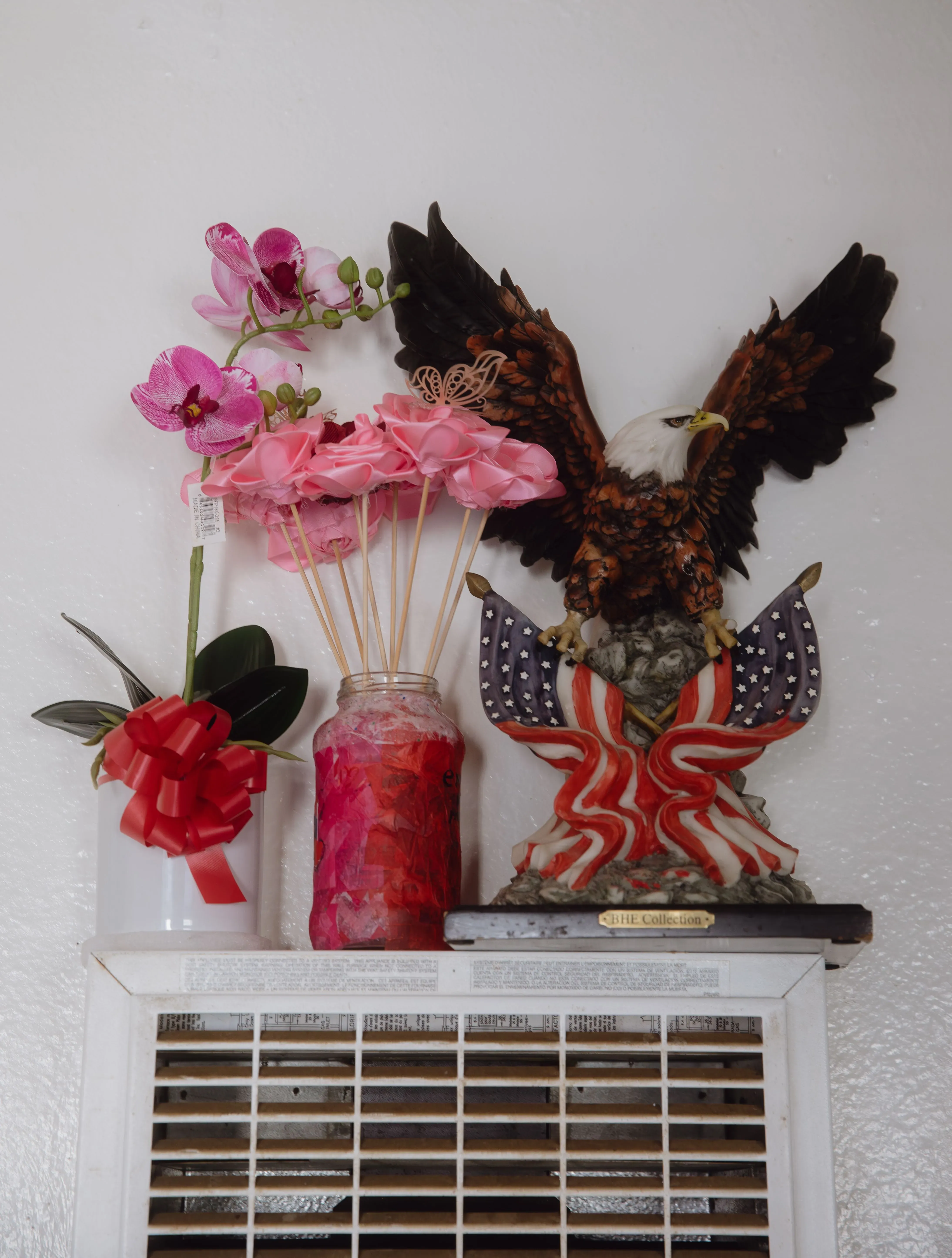 تُظهر الصورة مجموعة من الزهور الاصطناعية، بما في ذلك أوركيد، مع تمثال لنسر يحمل العلم الأمريكي، مما يعكس التحديات التي يواجهها الأطفال الأمريكيون بسبب سياسات الهجرة.