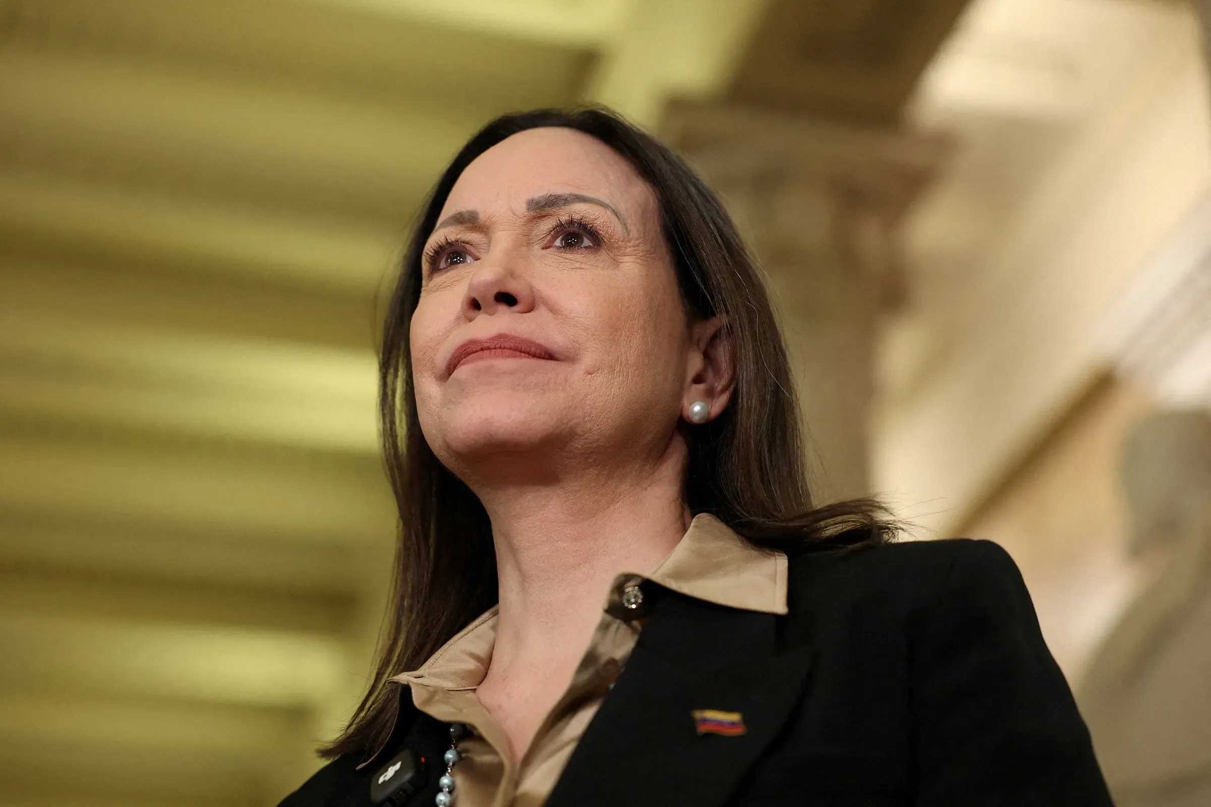 امرأة ترتدي سترة داكنة وتبتسم، تظهر في خلفية تاريخية، تعكس دورها في السياسة الفنزويلية بعد الإطاحة بمادورو.