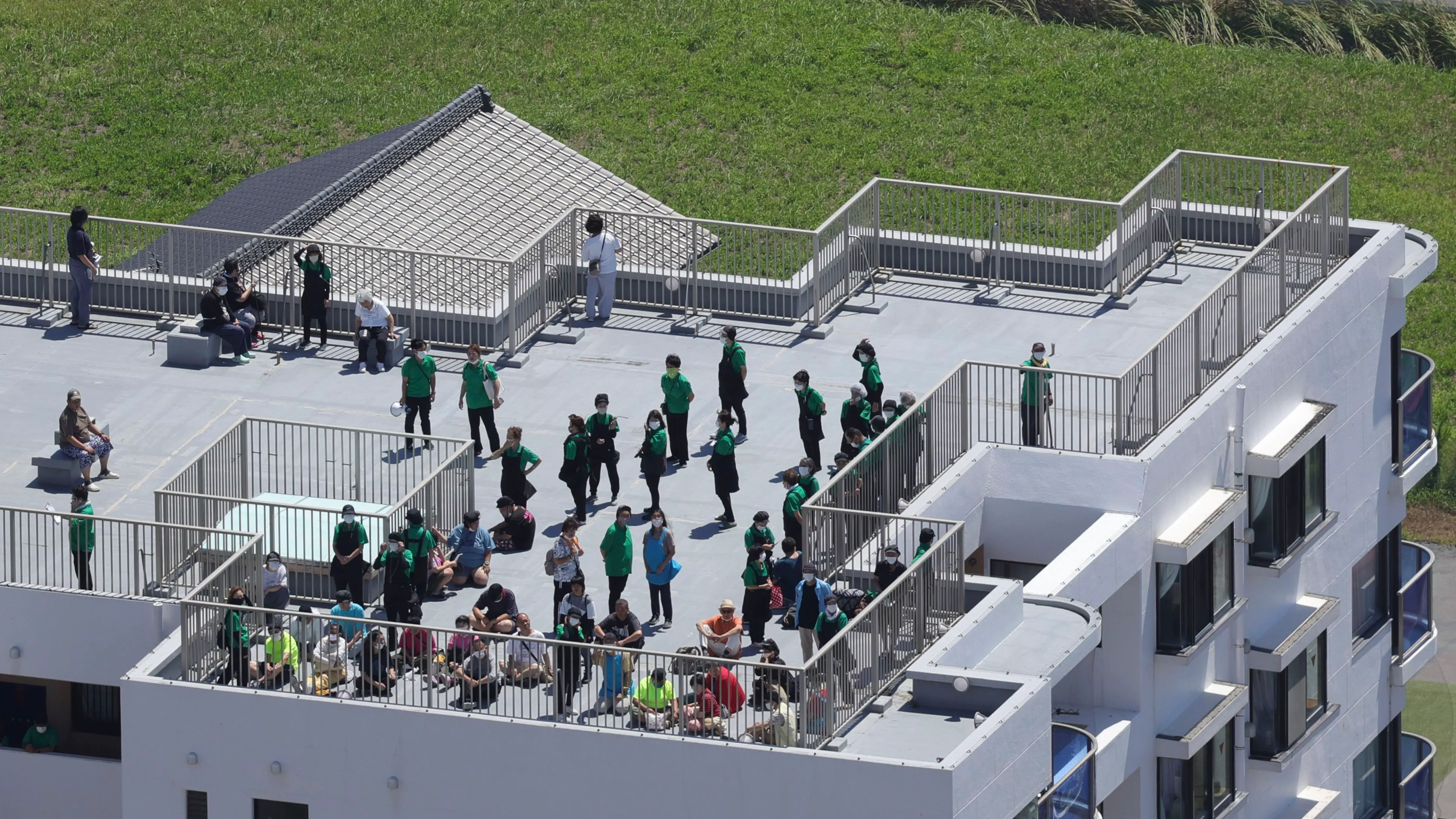 مجموعة من الأشخاص يرتدون ملابس خضراء يجلسون ويقفون على سطح مبنى، مع منظر للمنطقة المحيطة في سياق تسونامي المحيط الهادئ.