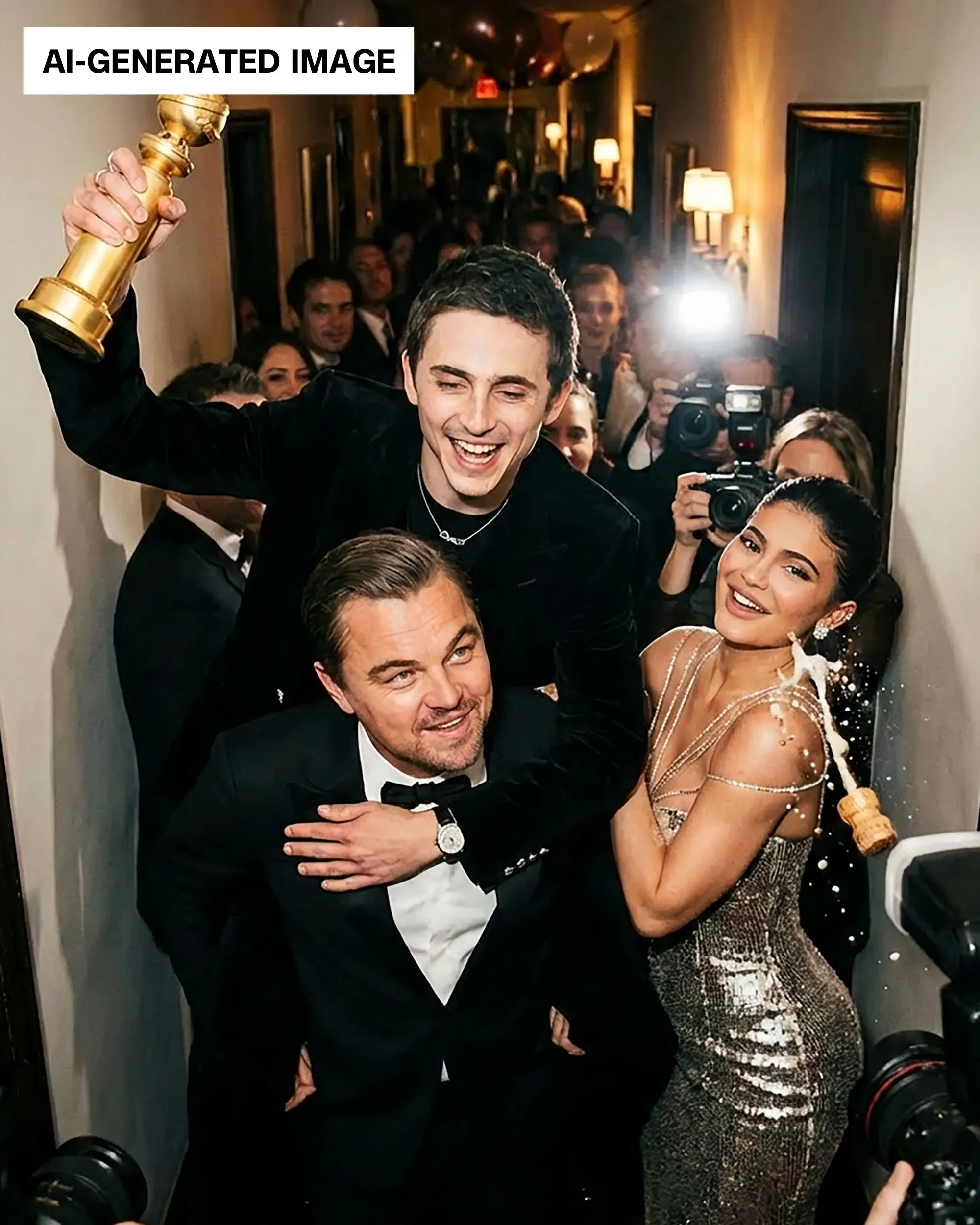 صورة تحتفل بفوز فنان بجائزة، حيث يظهر شاب مبتسم يحمل الجائزة بينما يحتفل الآخرون حوله، مما يعكس أجواء الفرح والنجاح في عالم الفن.