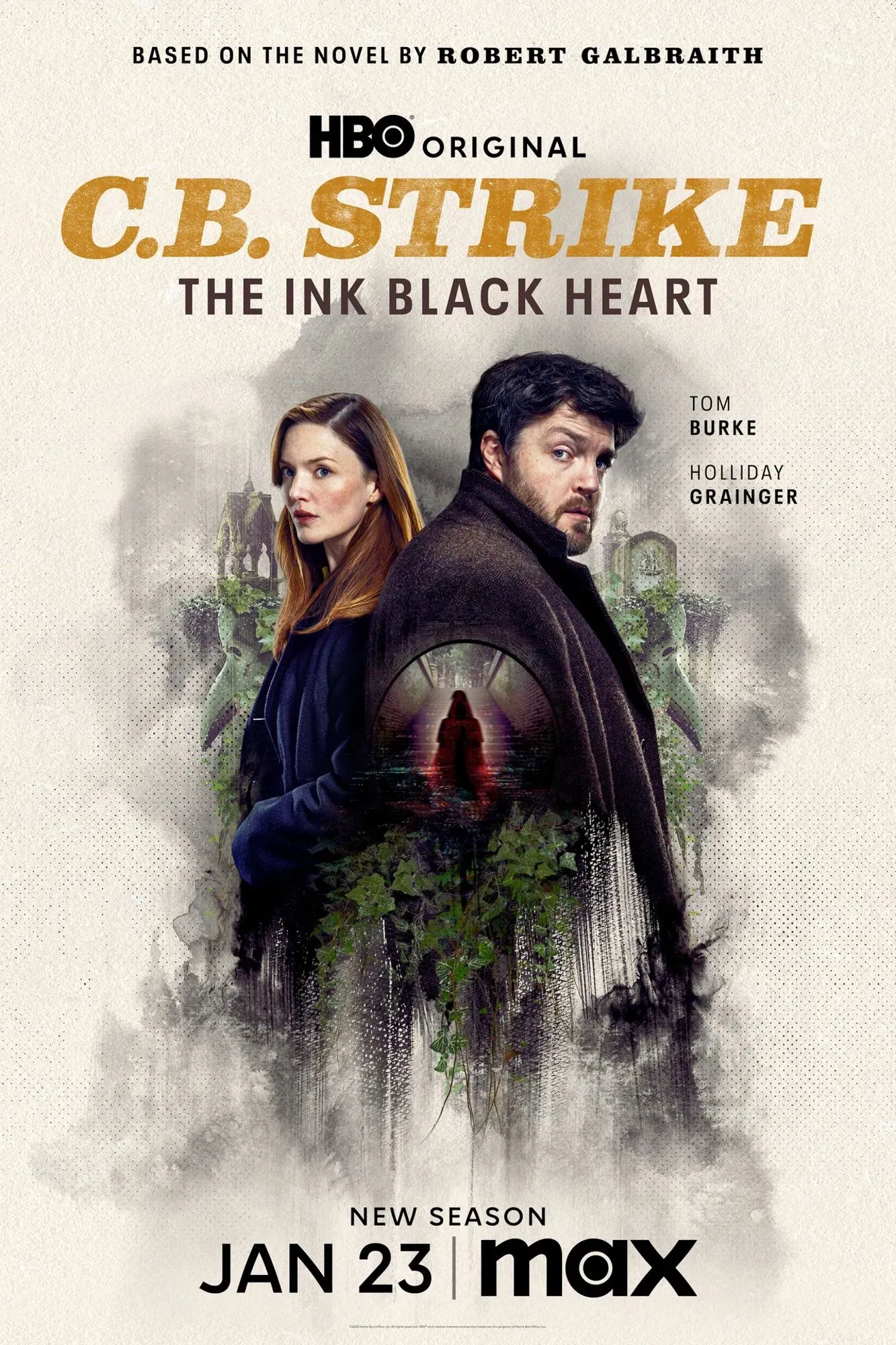 تظهر الصورة ملصق مسلسل "C.B. Strike: The Ink Black Heart" مع شخصيتين رئيسيتين في المقدمة، مما يعكس أجواء الغموض والتشويق.