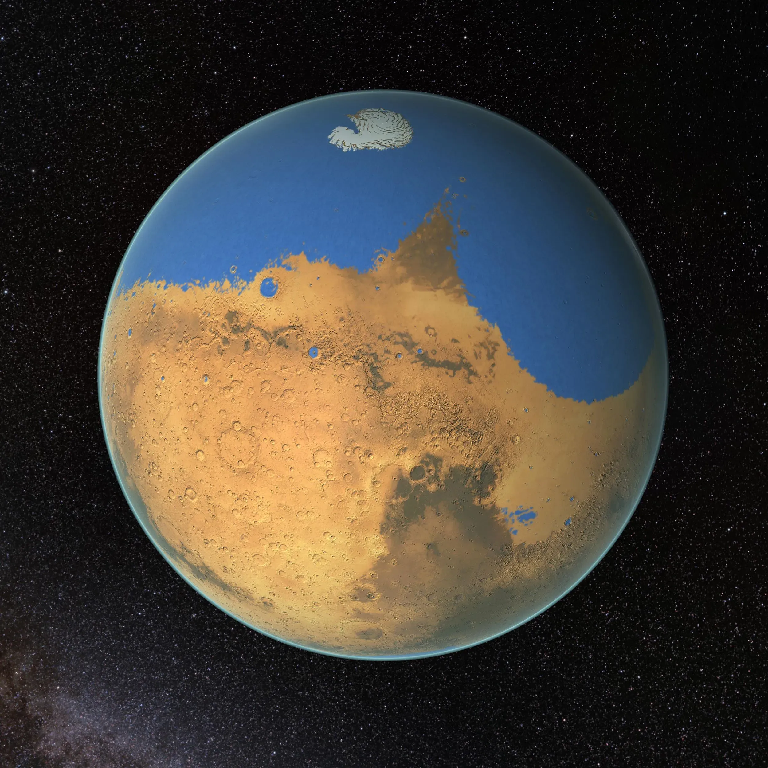 تظهر الصورة كوكب المريخ بسطحه البرتقالي المائل إلى الأصفر، مع مناطق زرقاء تمثل المحيطات القديمة، مما يشير إلى وجود مياه في ماضيه.
