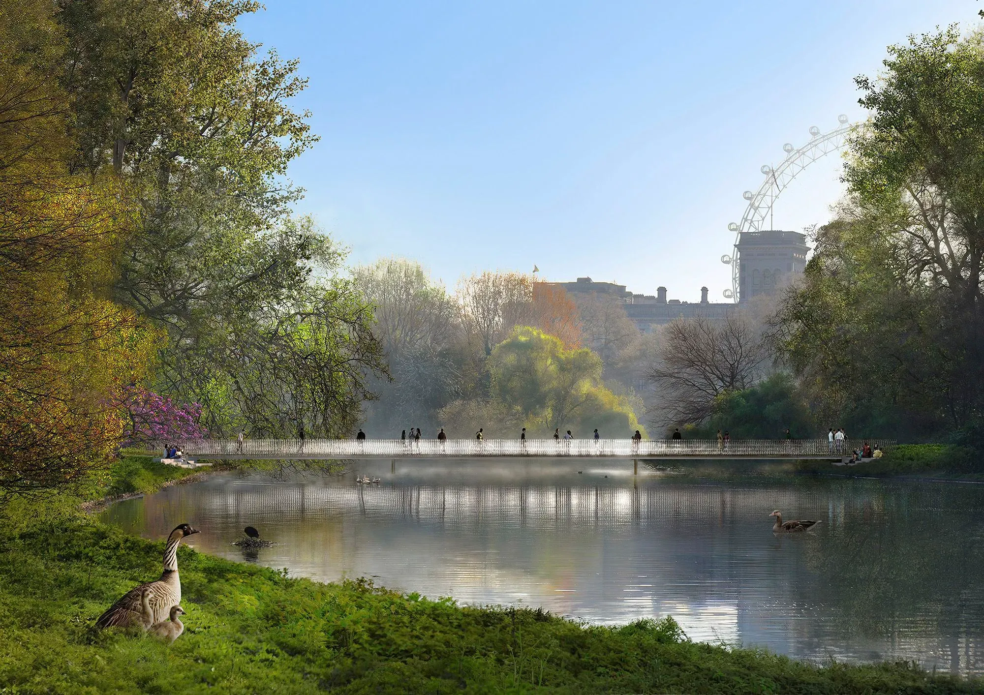 جسر زجاجي شفاف في حديقة St. James' Park بلندن، يرمز إلى إرث الملكة إليزابيث الثانية، محاط بالطبيعة والماء.
