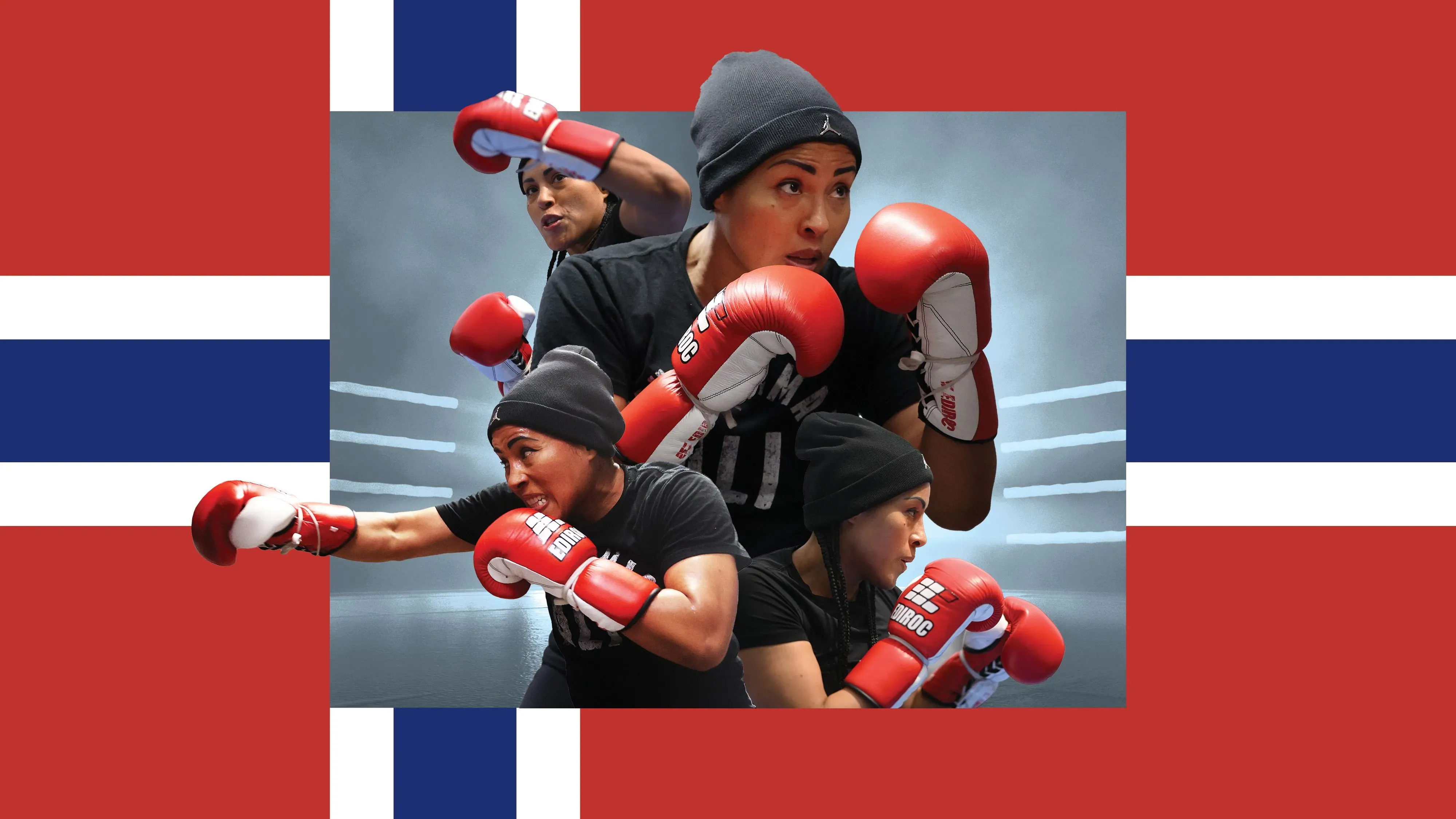 سيسيليا بريكهوس، أول بطلة عالمية للسيدات بلا منازع، تتدرب في الملاكمة مع العلم النرويجي في الخلفية، استعدادًا لمباراتها الأخيرة.