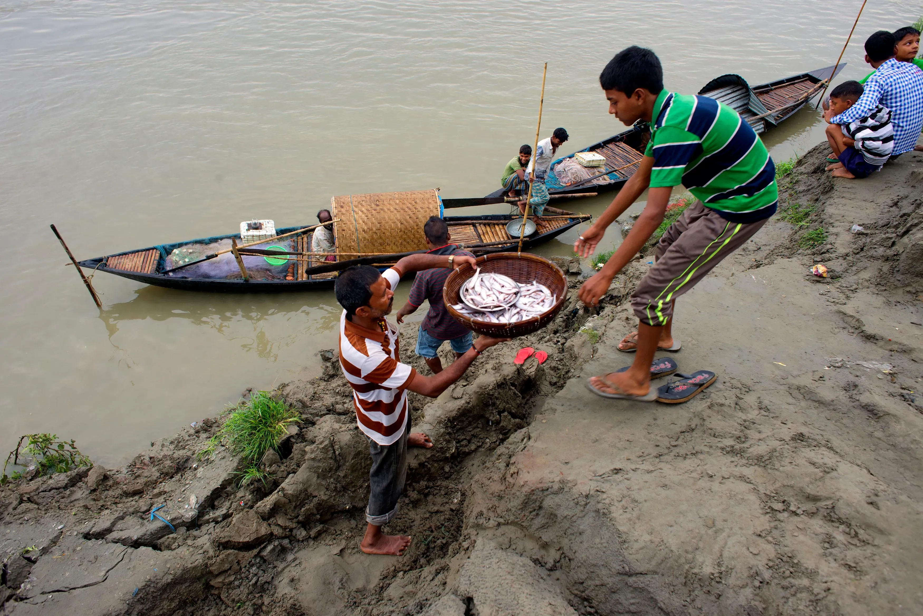 صبيان يتبادلون السمك على ضفة نهر، مع قوارب صغيرة في الخلفية، مما يعكس أهمية النهر في الحياة اليومية والمصادر الغذائية في المنطقة.