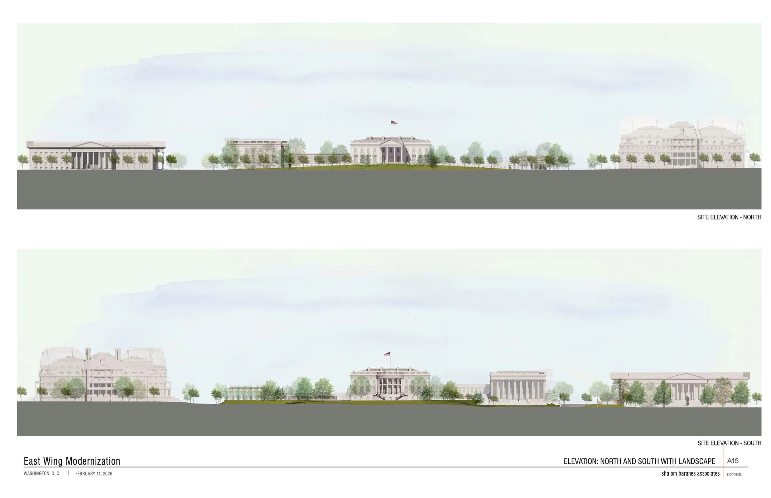 تصميم مقترح لتحديث الجناح الشرقي للبيت الأبيض، يظهر الارتفاعات الشمالية والجنوبية مع تفاصيل المناظر الطبيعية المحيطة.