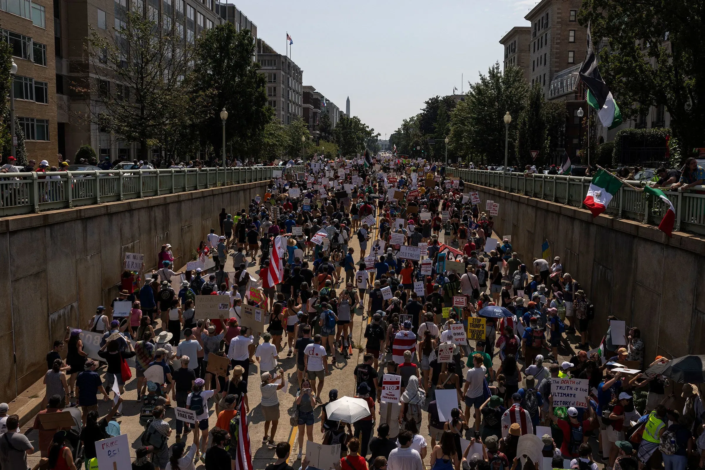تجمع حشود كبيرة من المتظاهرين في شوارع واشنطن العاصمة، يحملون لافتات تعبر عن مطالبهم، مع وجود أعلام متعددة في الخلفية.