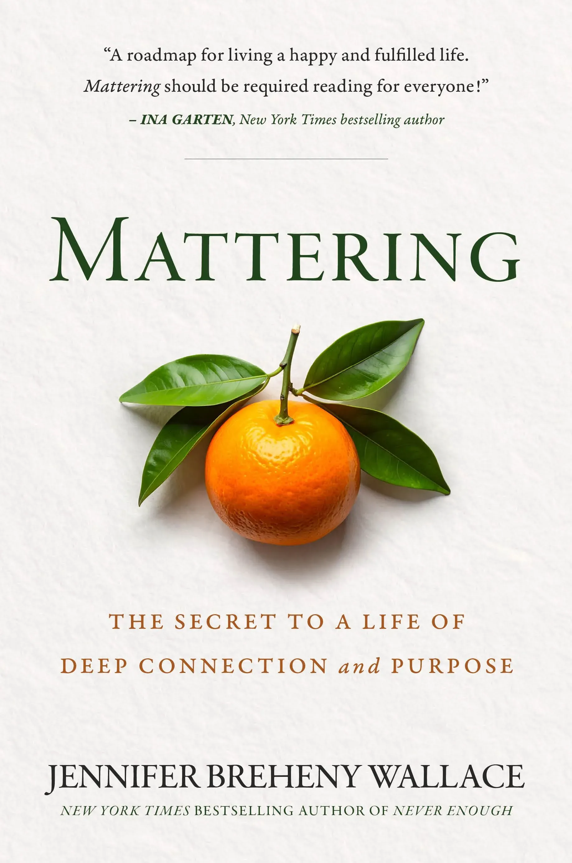غلاف كتاب "Mattering" لجنيفر برهيني والاس، يتضمن برتقالة وأوراق خضراء، مع نص يبرز أهمية التواصل العميق والهدف في الحياة.