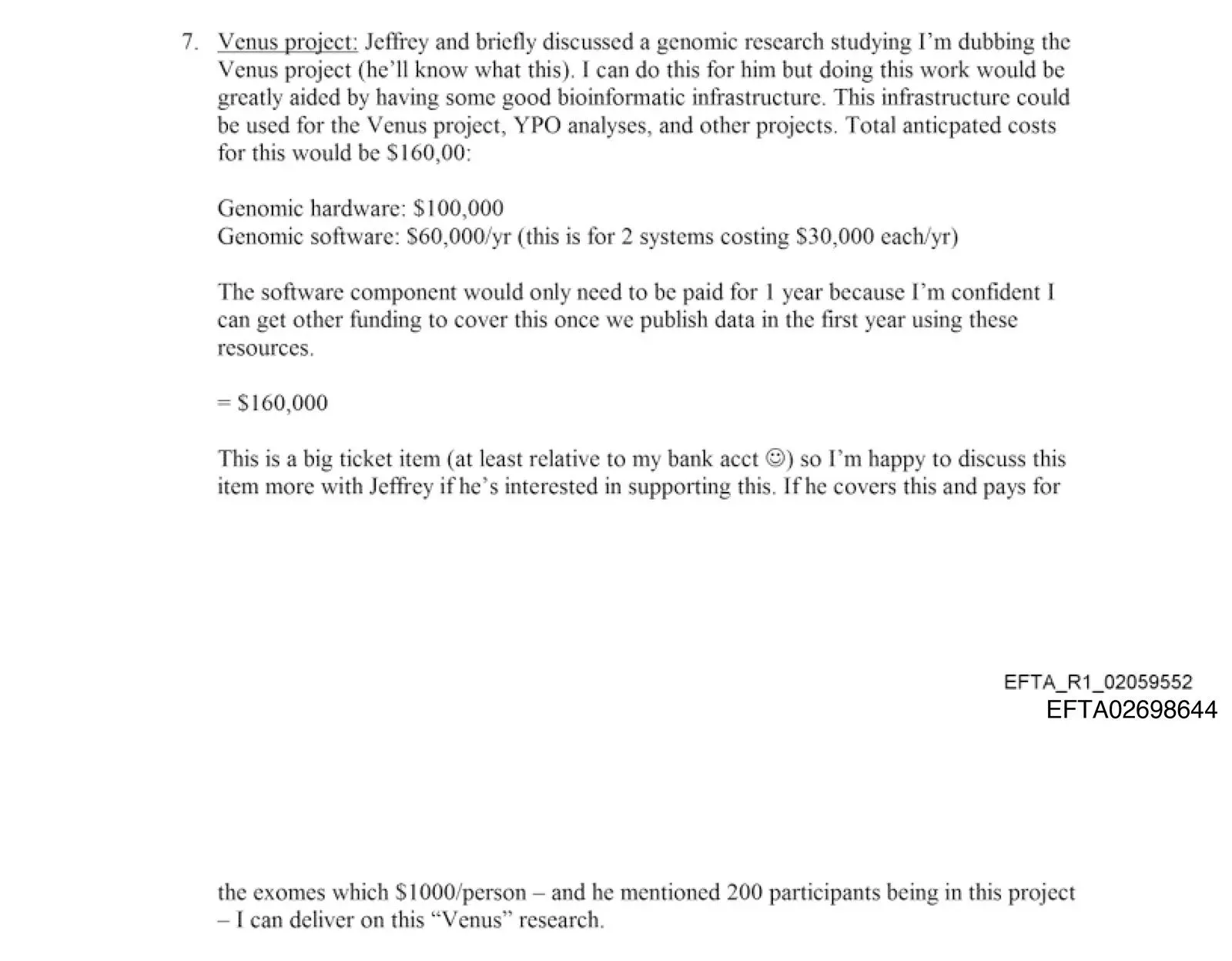 مقترح بحثي يتناول دراسة جينية لمشروع "فينوس"، يوضح تكاليف الأجهزة والبرمجيات اللازمة، مع الإشارة إلى اهتمام جيفري إبشتاين بالتمويل.
