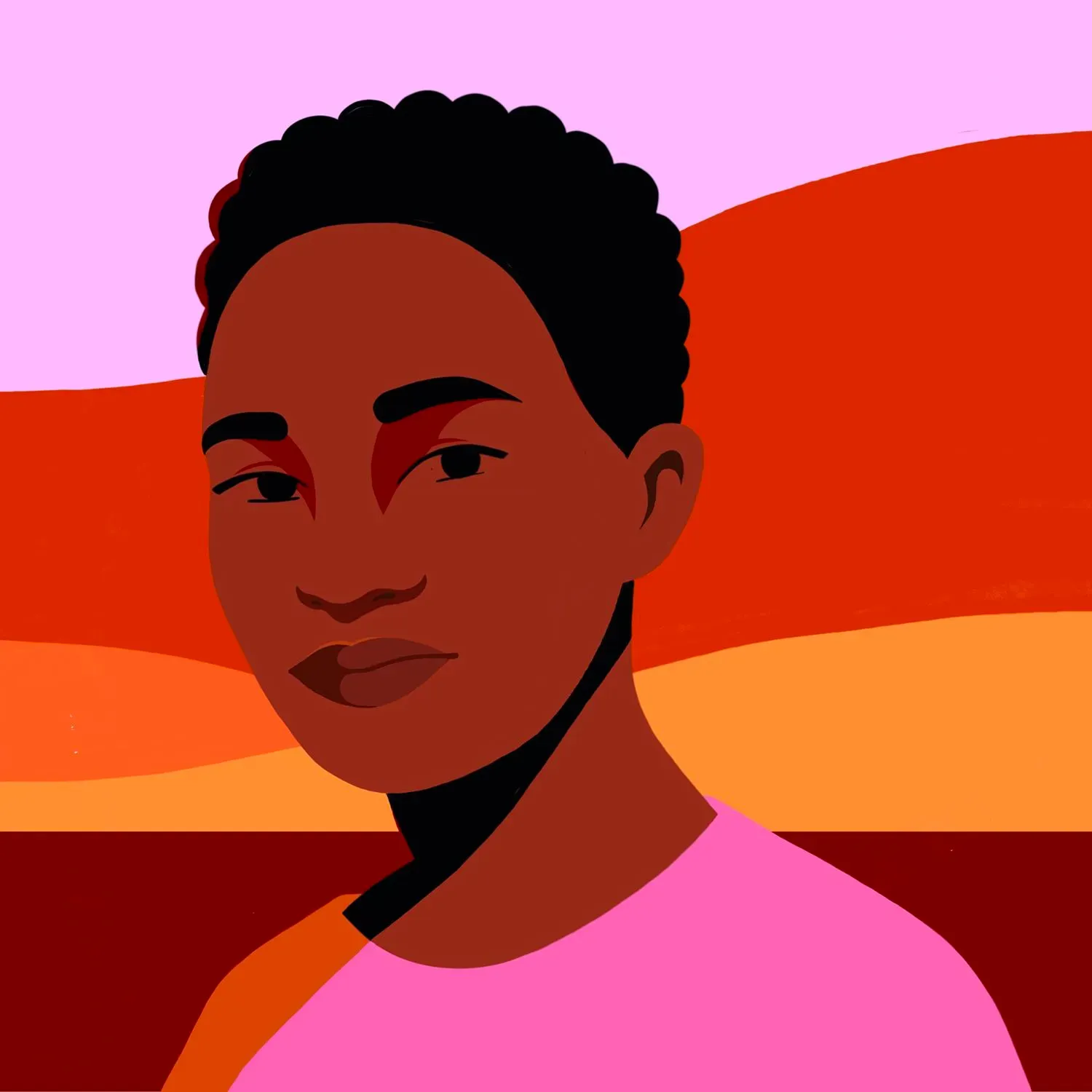 شابة ذات بشرة داكنة وشعر قصير، ترتدي قميصًا ورديًا، تظهر في صورة فنية مع خلفية ملونة تعكس قضايا زواج الأطفال في بنغلاديش.