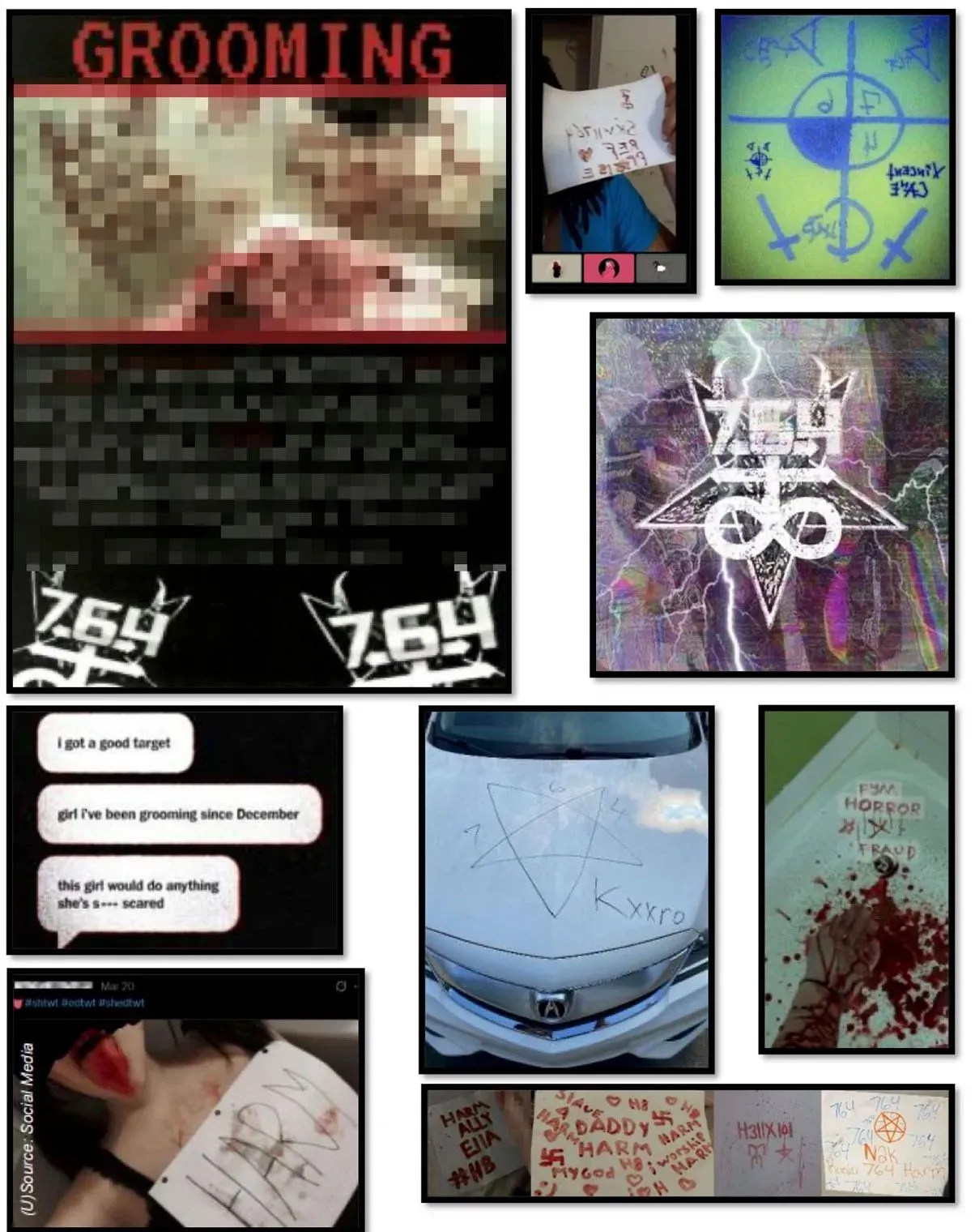 صور توثق نشاطات شبكة 764 المتطرفة، تشمل رسائل تهديد وصور مروعة تدعو للعنف والإيذاء، مما يبرز خطر التطرف عبر الإنترنت.