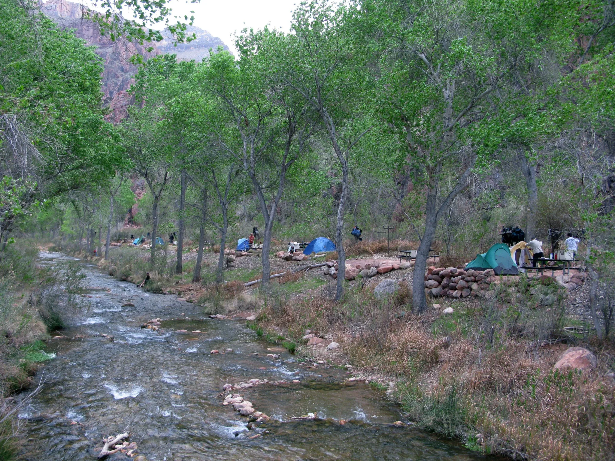 مخيمات على ضفاف نهر Bright Angel Creek في Phantom Ranch بوادي Grand Canyon قبل فيضان أغسطس 2025 الذي دمّر البنية التحتية.