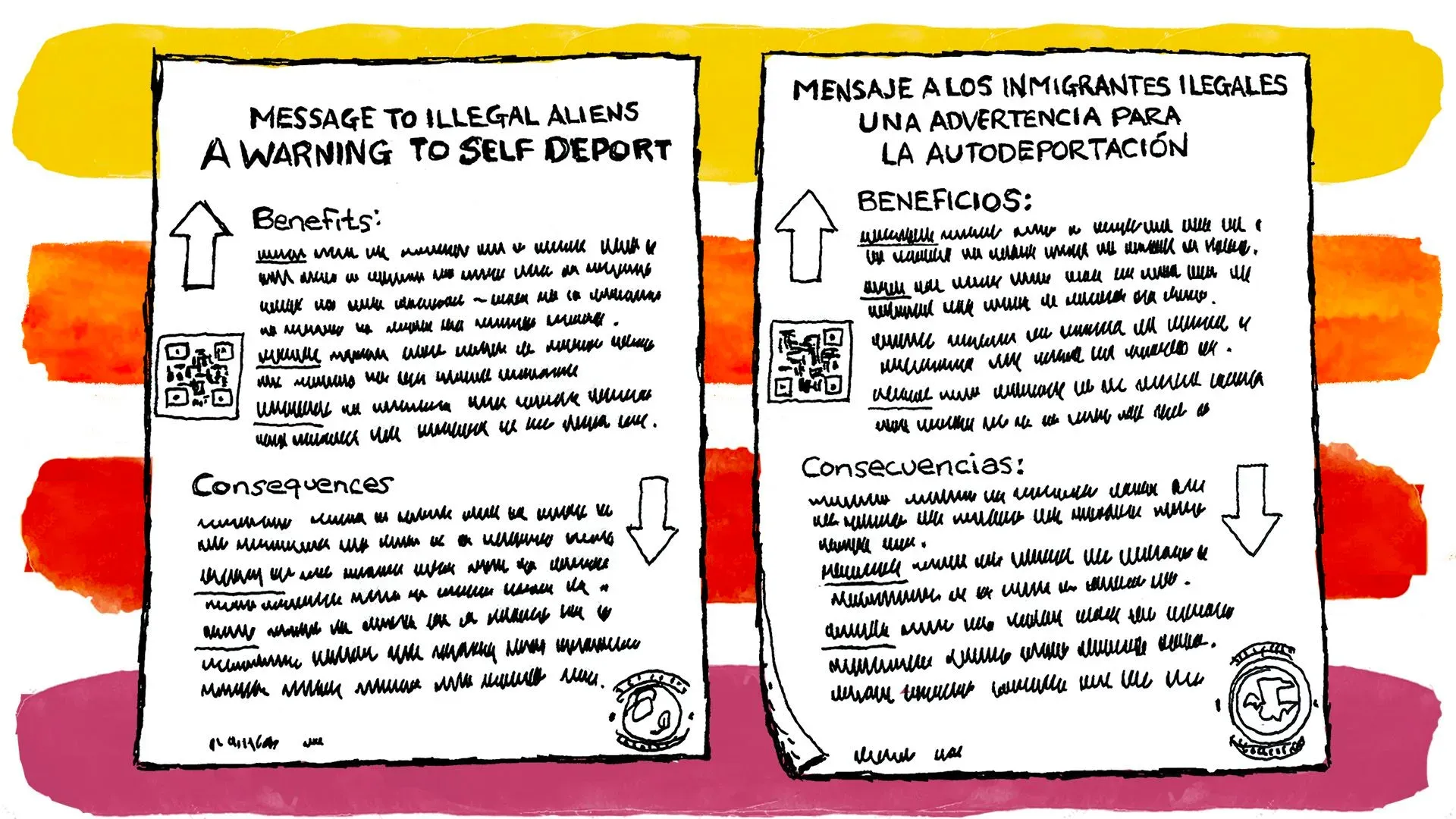 رسالة تحذيرية للمهاجرين غير الشرعيين حول فوائد وعواقب العودة الطوعية، مع تفاصيل مرئية واضحة.