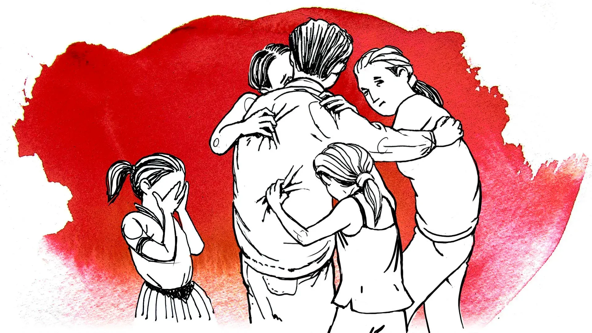 عائلة تحتضن بعضها البعض في لحظة عاطفية، مع تعبيرات القلق والخوف على وجوههم، بينما تتداخل خلفهم ألوان حمراء تعكس التوتر.