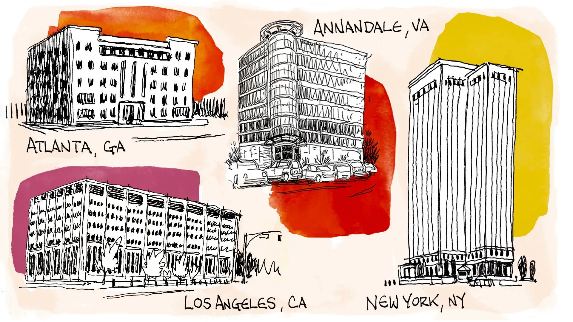 رسومات توضيحية لمباني محاكم الهجرة في مدن مختلفة مثل أتلانتا ولوس أنجلوس ونيويورك، مع خلفية ملونة تعكس التوتر والقلق المرتبط بالهجرة.