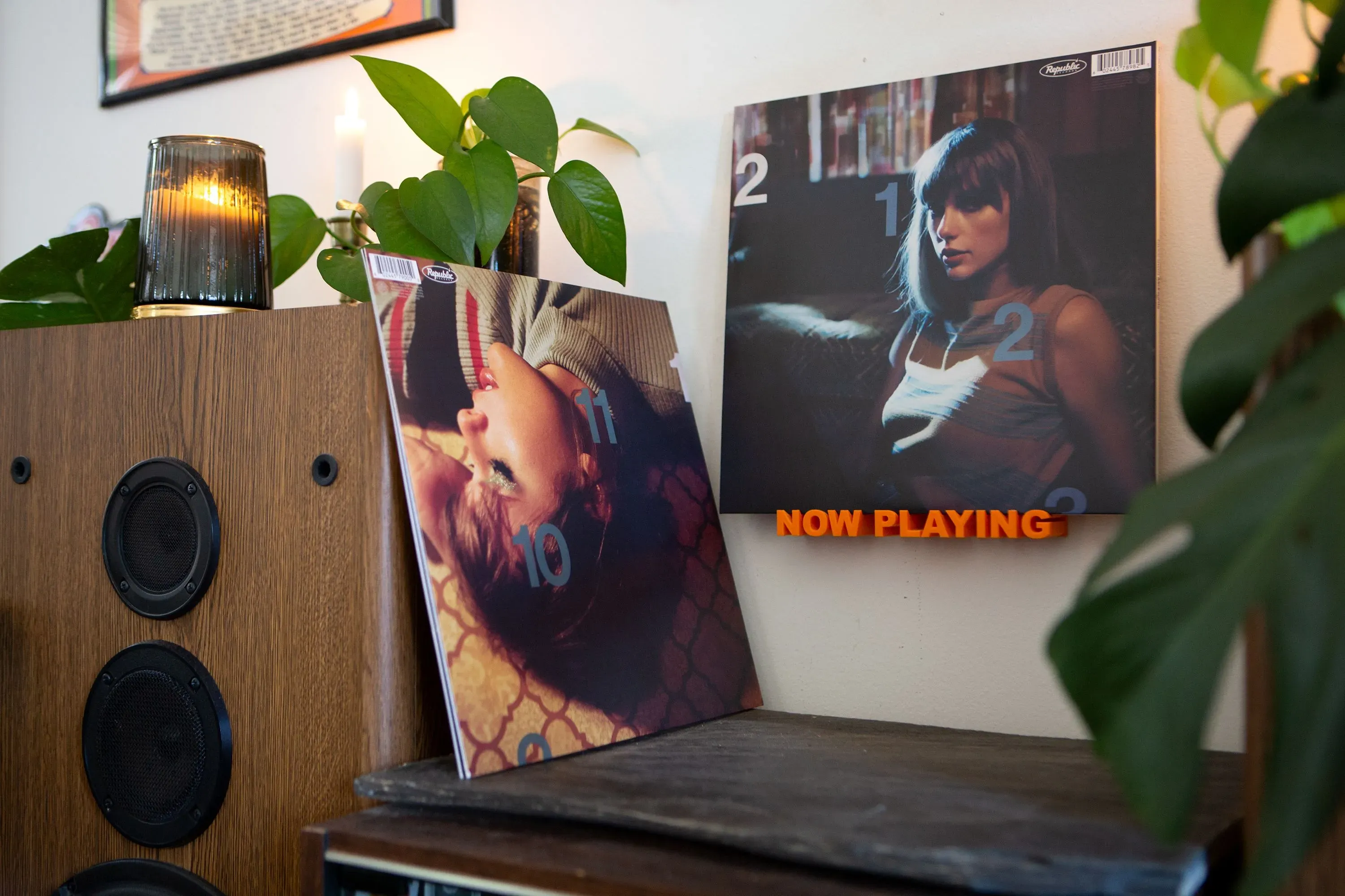 أسطوانات فينيل معروضة على حامل، واحدة تحمل عنوان "NOW PLAYING" وأخرى تحمل رقم 10، مع نباتات وزينة في الخلفية.