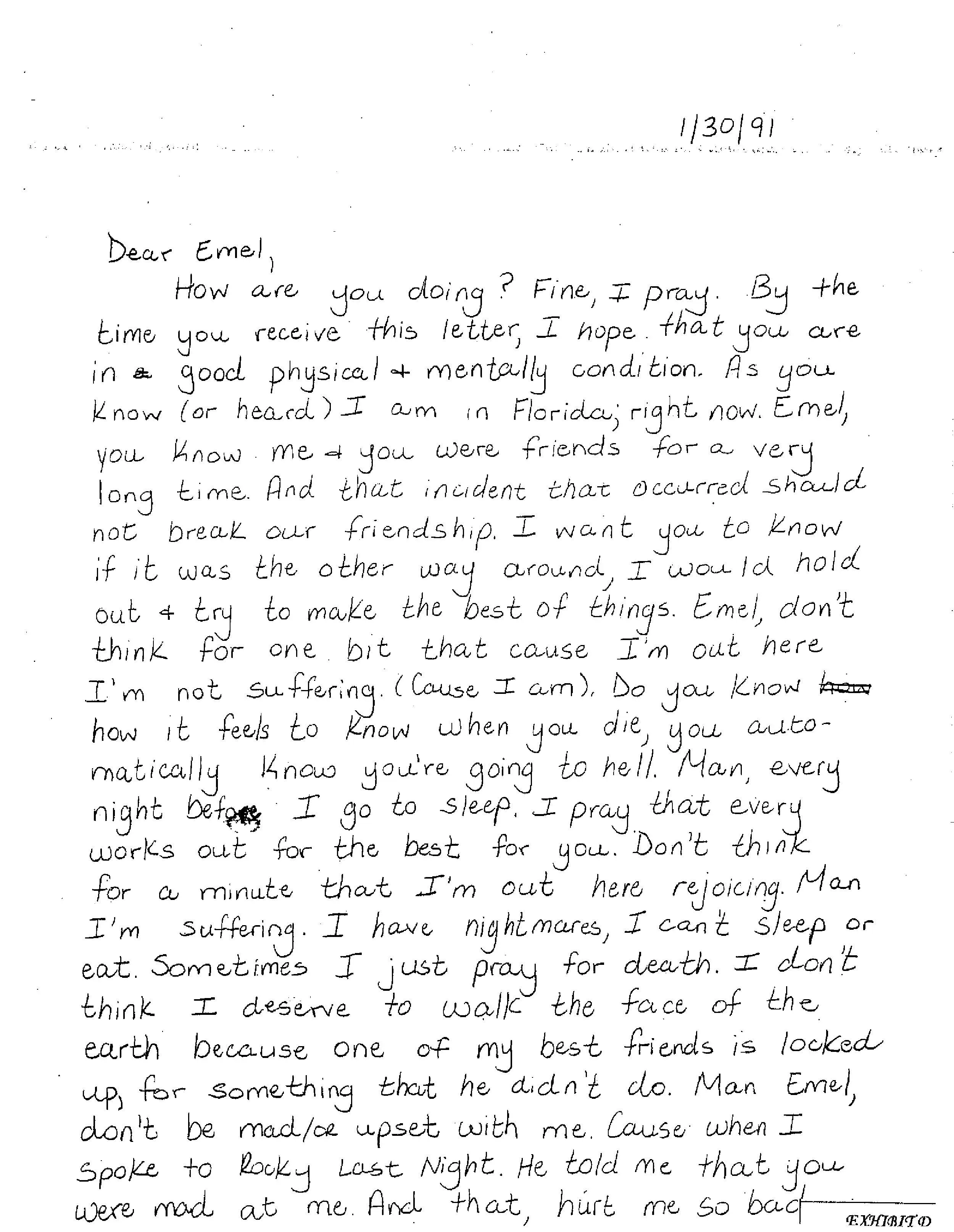 رسالة مكتوبة بخط اليد من صديق إيميل ماكدويل، تعبر عن مشاعر الندم والدعم، بعد حادثة إطلاق نار أدت إلى سجنه.