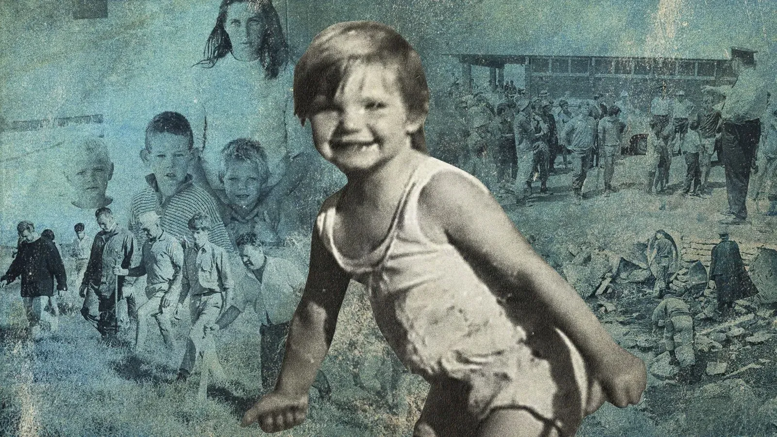 صورة تظهر شيريل غريمر، فتاة صغيرة مبتسمة ترتدي ملابس سباحة، مع خلفية تضم مشاهد من البحث عنها بعد اختفائها في 1970.