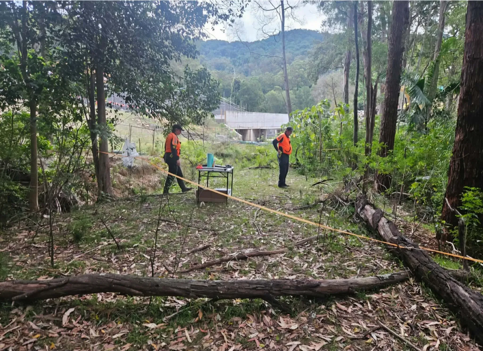 محققون في موقع بحث عن شيريل غريمر، مع وجود طاولة ومعدات في منطقة غابية، بينما تظهر الجبال في الخلفية.