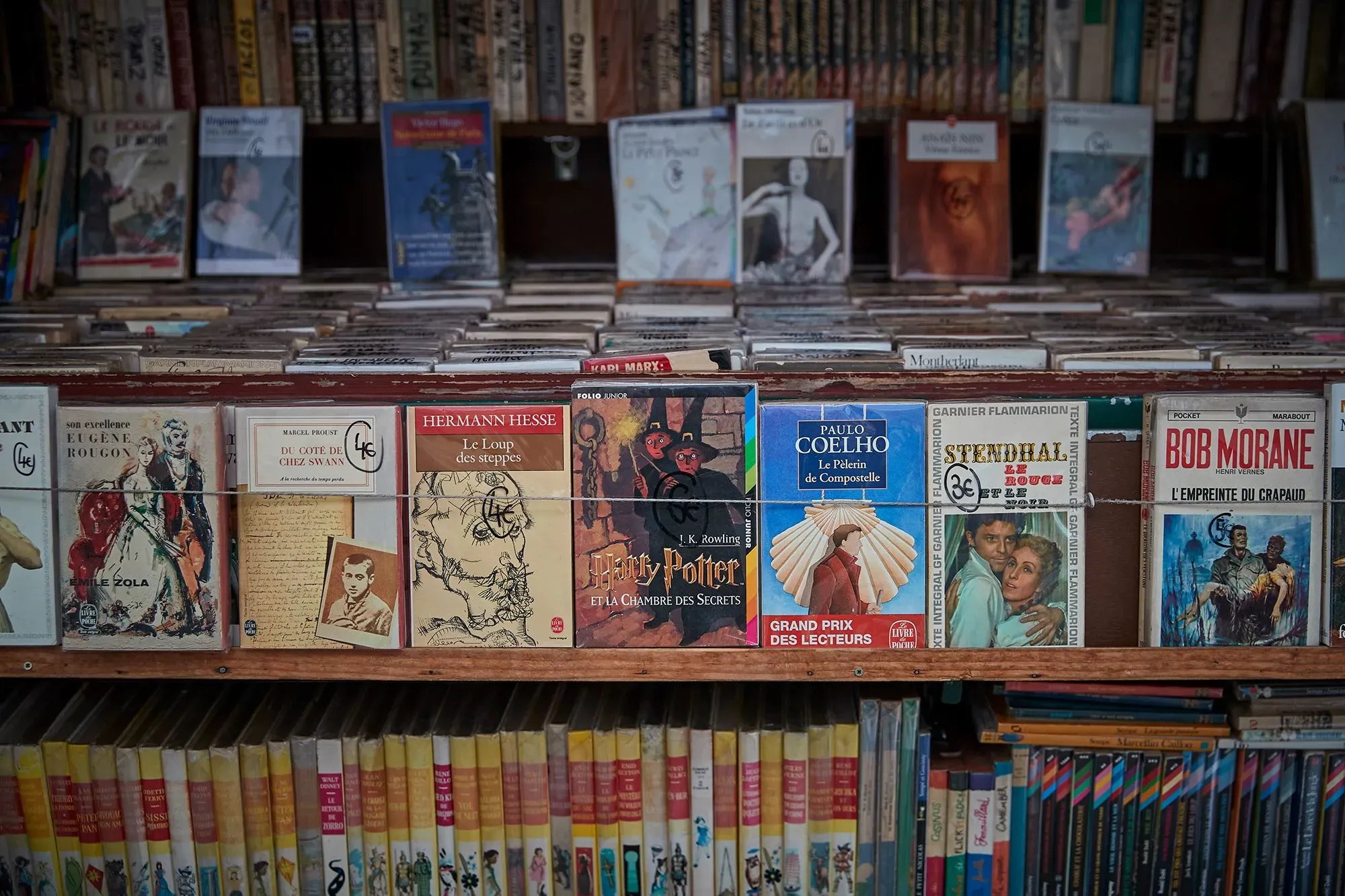 مكتبة في الهواء الطلق تعرض مجموعة متنوعة من الكتب القديمة والمعاصرة، محاطة بأجواء تاريخية على ضفاف نهر السين في باريس.