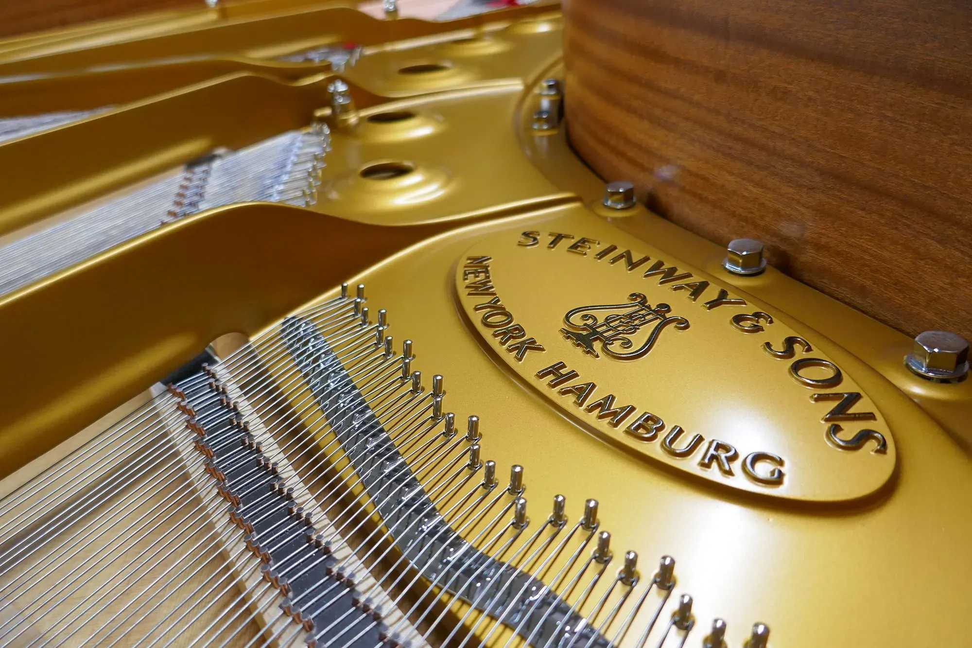 تفاصيل دقيقة لآلة البيانو من شتاينواي، تظهر الأوتار المعدنية والهيكل الذهبي، تعكس الحرفية العالية في صناعة البيانو الفاخرة.