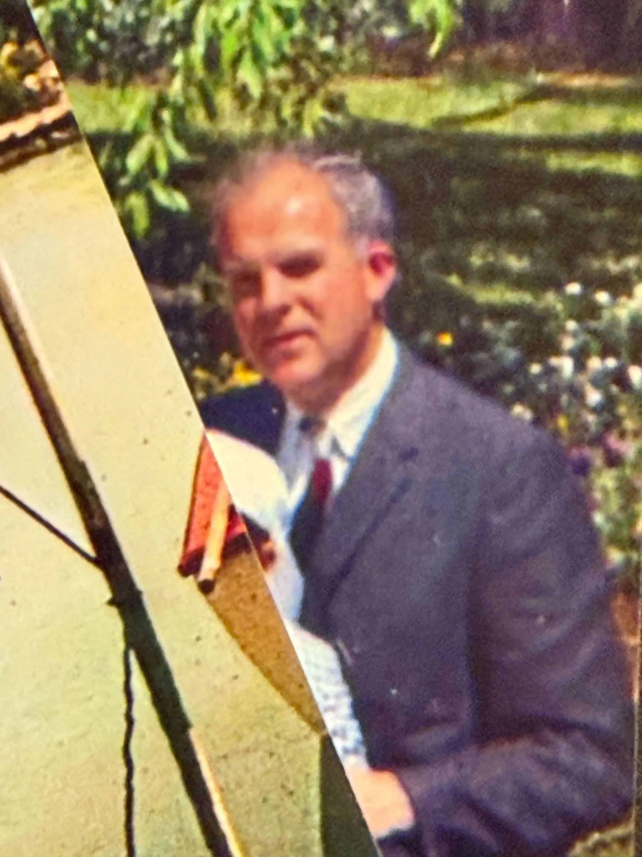 صورة قديمة لرجل يرتدي بدلة، يقف في حديقة مع أزهار ملونة، مما يعكس قصة عائلية معقدة تتعلق بالجينات والوراثة.