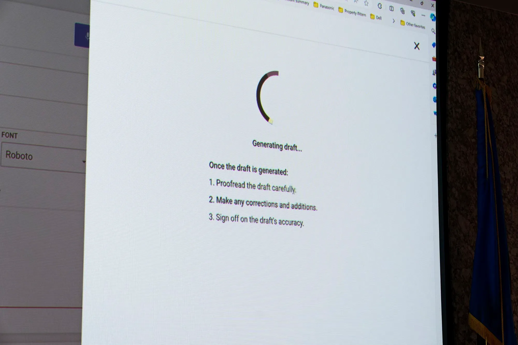 شاشة تعرض عملية إنشاء مسودة تقرير باستخدام برنامج الذكاء الاصطناعي "درافت ون"، مع تعليمات للمراجعة والتوقيع.