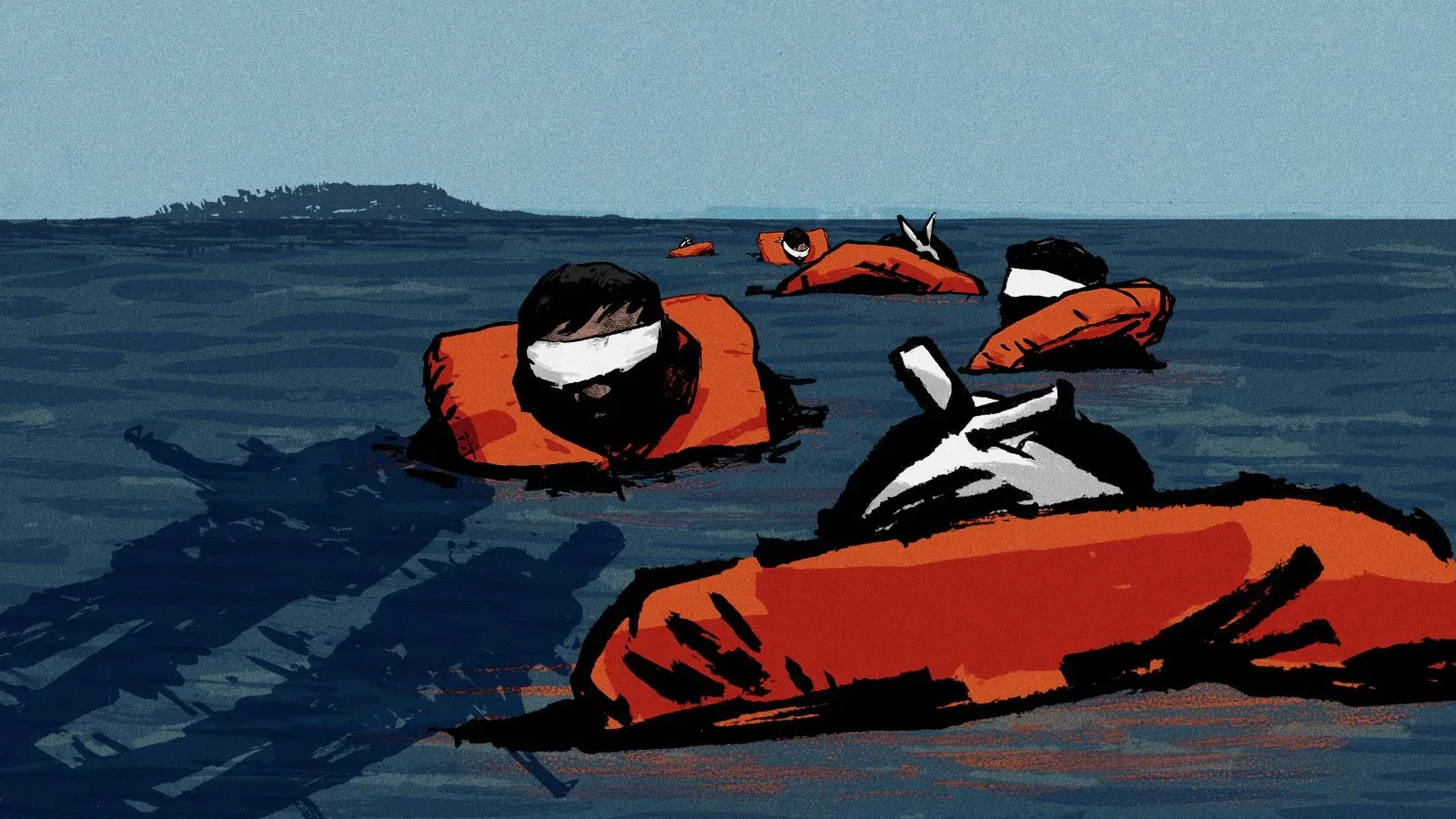 لاجئون من الروهينغا يرتدون سترات نجاة ويعومون في مياه المحيط الهندي، مع أعينهم معصوبة، مع خلفية بحرية هادئة.