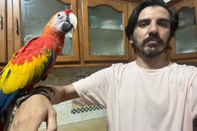 صورة لرجل يحمل ببغاء ملون على ذراعه، يقف في مطبخ مع خزائن خشبية خلفه، يعكس شغفه بتربية الطيور.