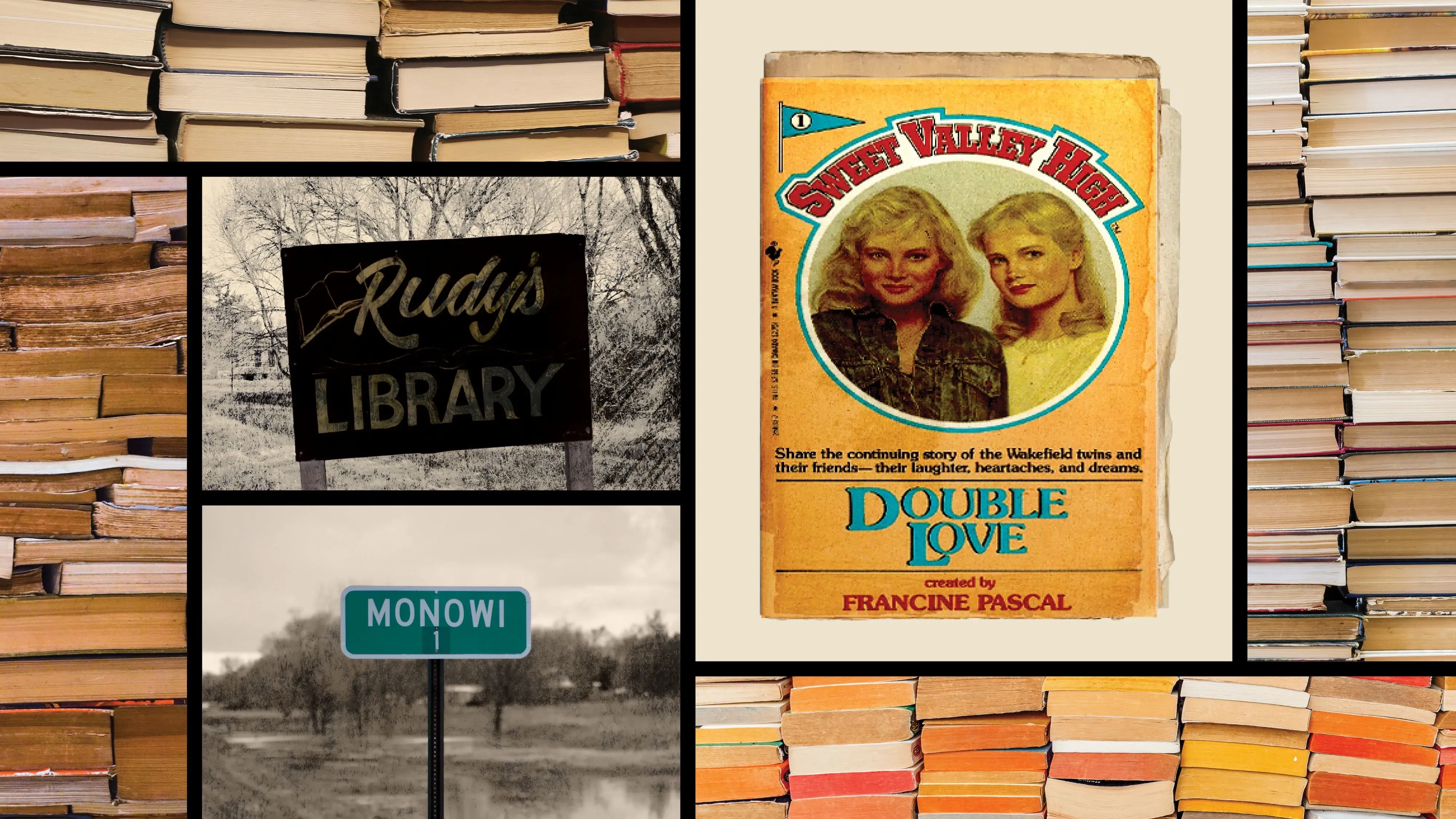 غلاف كتاب "حب مزدوج" من سلسلة "سويت فالي هاي" محاط بصور لمكتبة رودي ولافتة تشير إلى بلدة مونوي، تعكس ذكريات مراهقة كاتبة المقال.