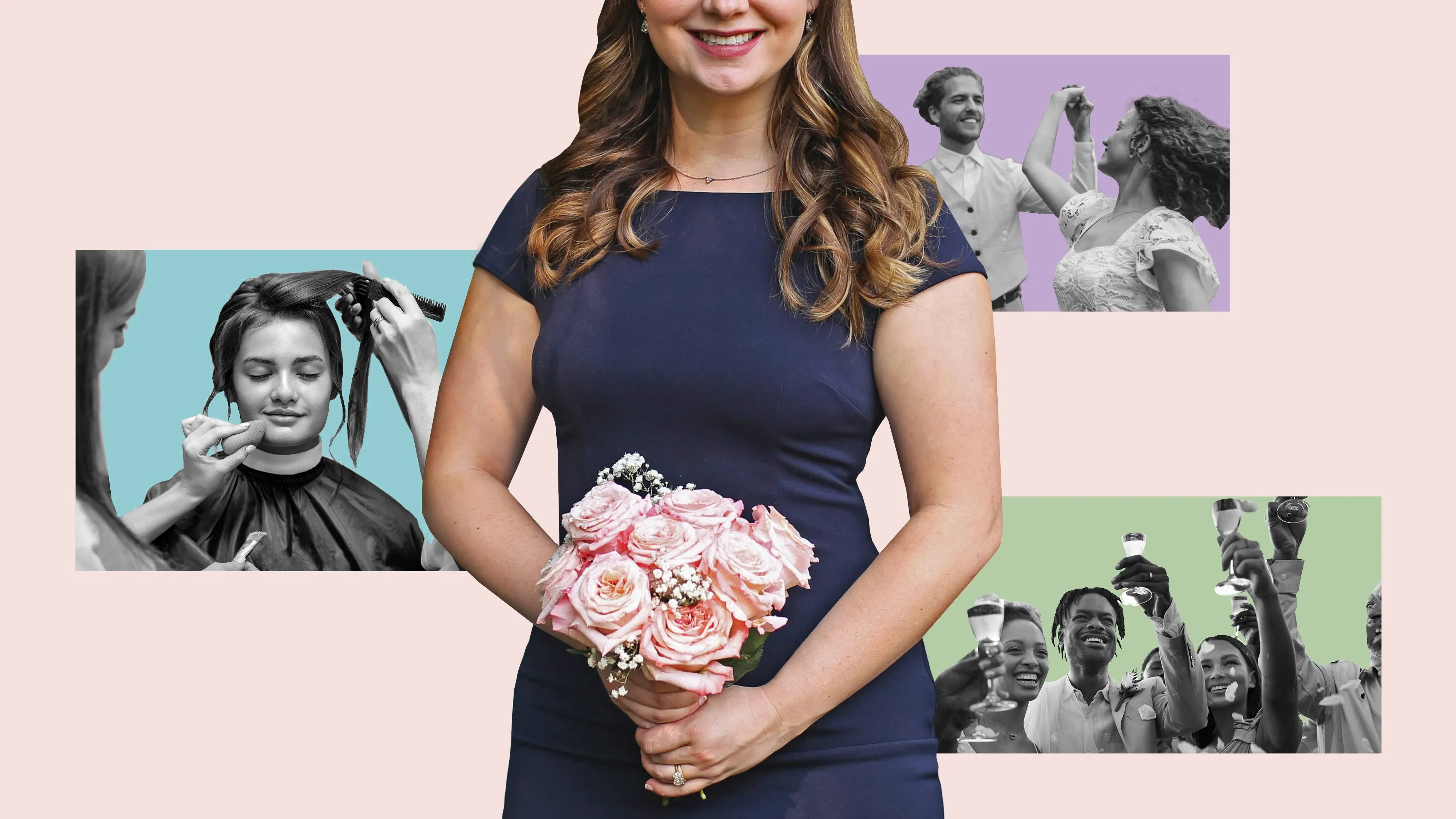 امرأة ترتدي فستانًا رسميًا وتحمل باقة من الزهور، محاطة بصور من حفلات زفاف، تعكس أجواء الفرح والاحتفال.
