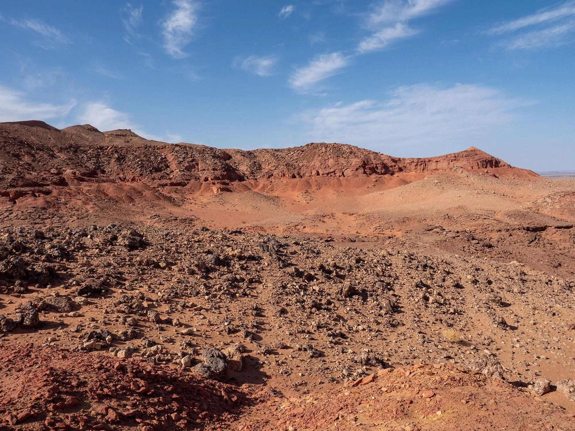 منظر طبيعي صحراوي في شمال إفريقيا، يظهر تضاريس وعرة وصخور متناثرة، يشير إلى موقع اكتشاف أحافير الديناصورات.