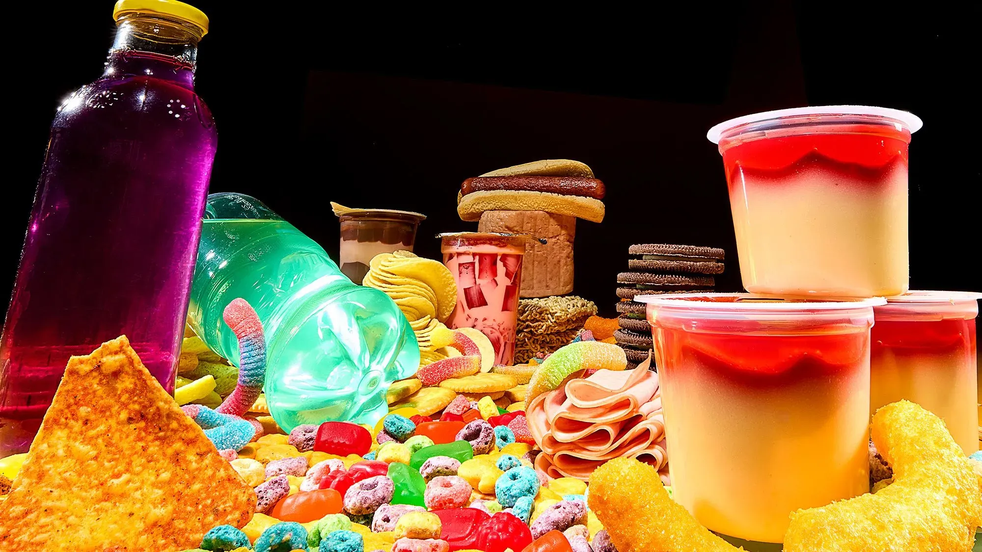 تشكيلة متنوعة من الأطعمة والمشروبات فائقة المعالجة، تشمل الحلوى والمشروبات الغازية والوجبات الخفيفة، تُظهر جاذبية الوجبات السريعة.