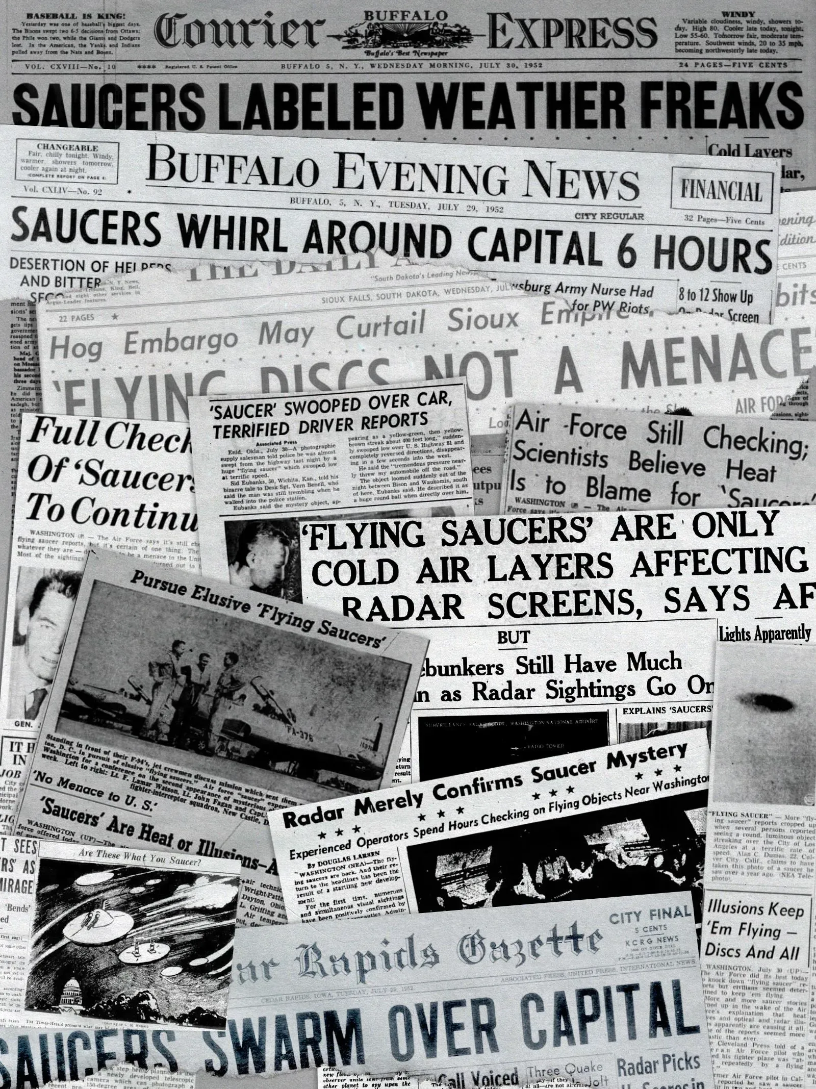 عناوين صحف تاريخية تتعلق بمشاهدات الأجسام الطائرة المجهولة فوق العاصمة الأمريكية، تعكس القلق العام في فترة الحرب الباردة.