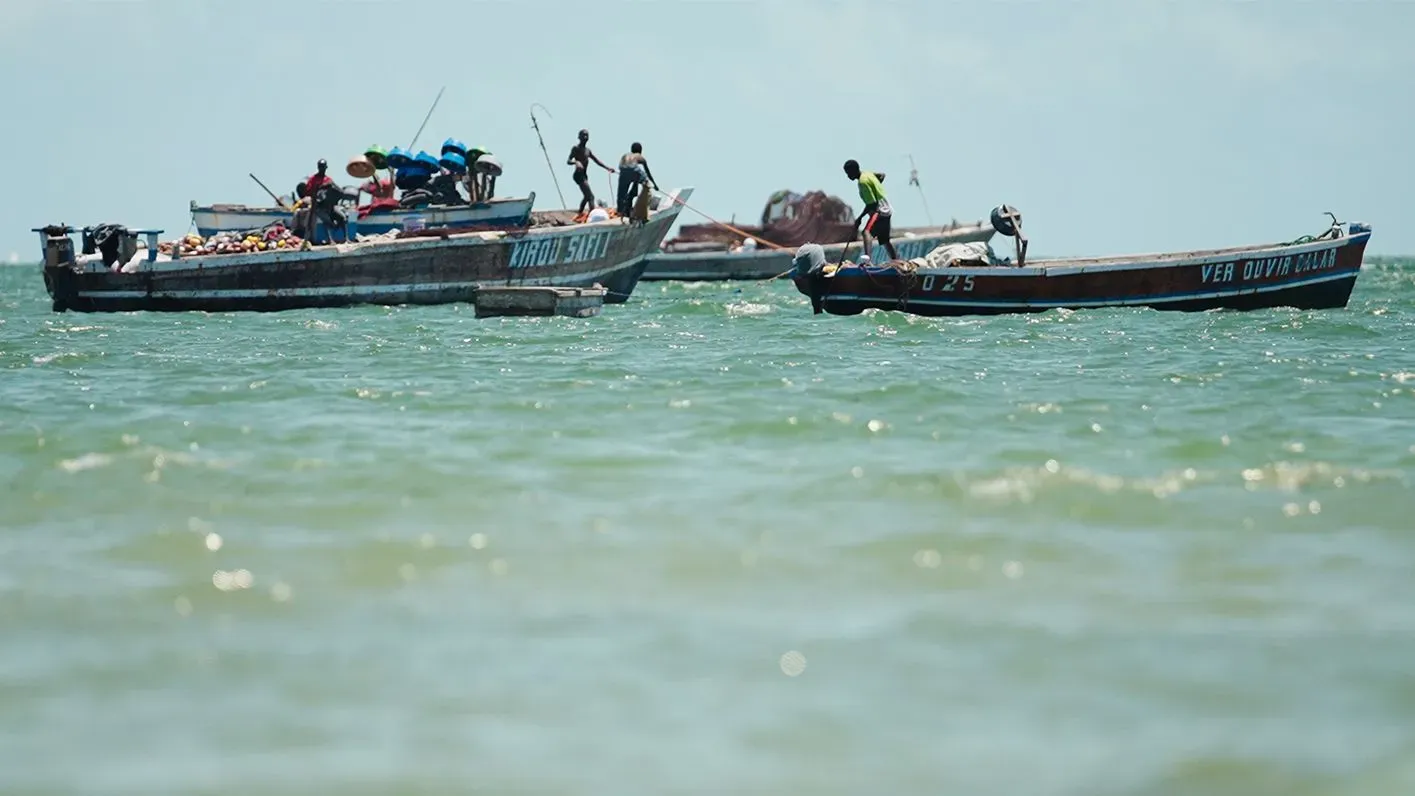 قوارب صيد تبحر في مياه ساحل موزمبيق الشمالي، حيث يظهر الصيادون يعملون في بيئة بحرية، تعكس التحديات الاقتصادية والاجتماعية.